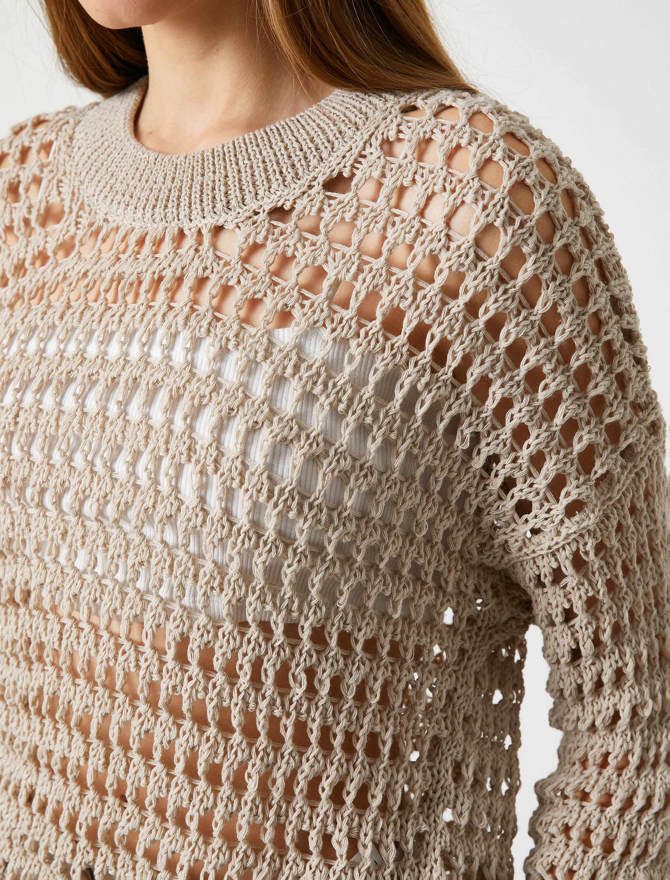   Bisiklet Yaka Triko Kazak Ajurlu File Uzun Kollu Ribanalı