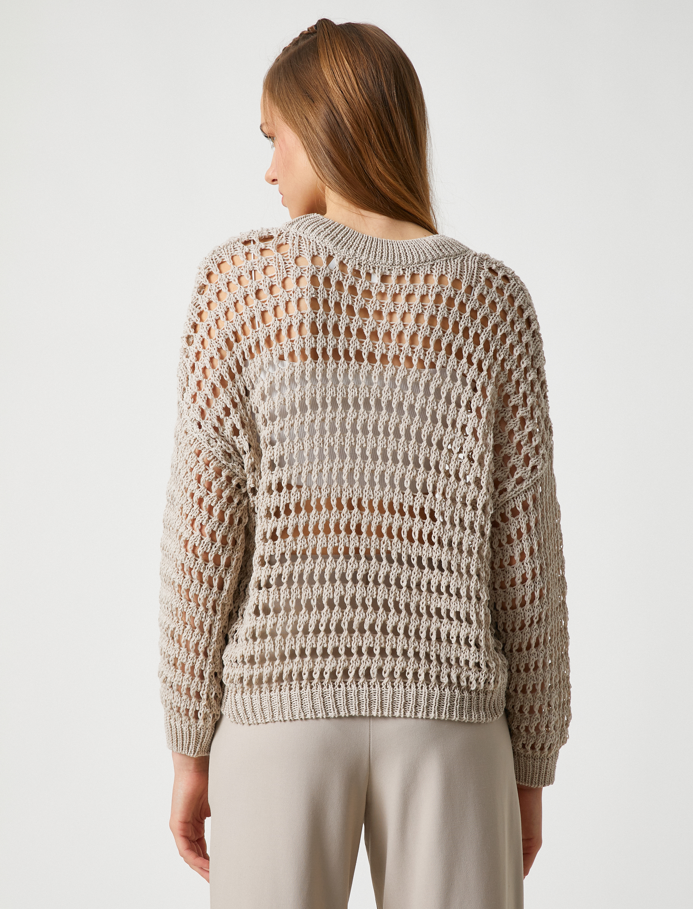   Bisiklet Yaka Triko Kazak Ajurlu File Uzun Kollu Ribanalı