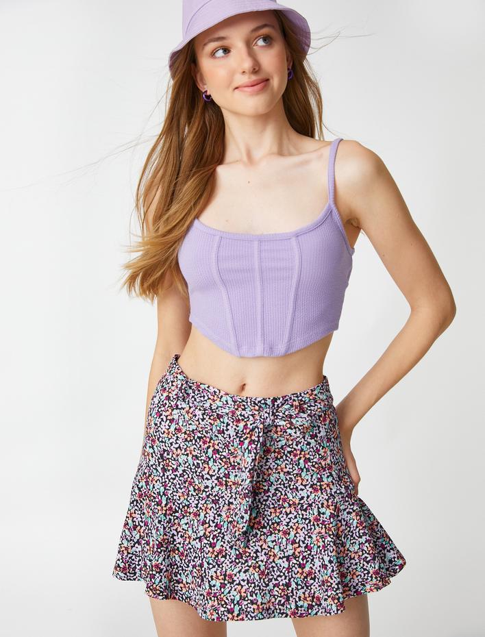  Çiçekli Şort Etek Mini Beli Kuşaklı Fırfırlı Bürümcük