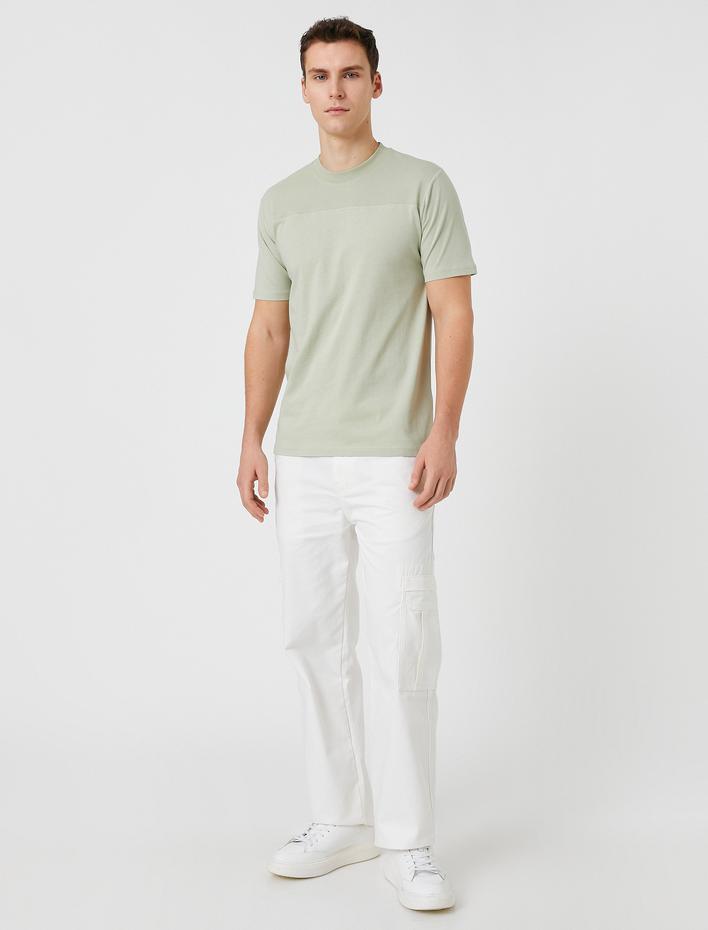  Bloklu Tişört Bisiklet Yaka Kısa Kollu Dikiş Detaylı