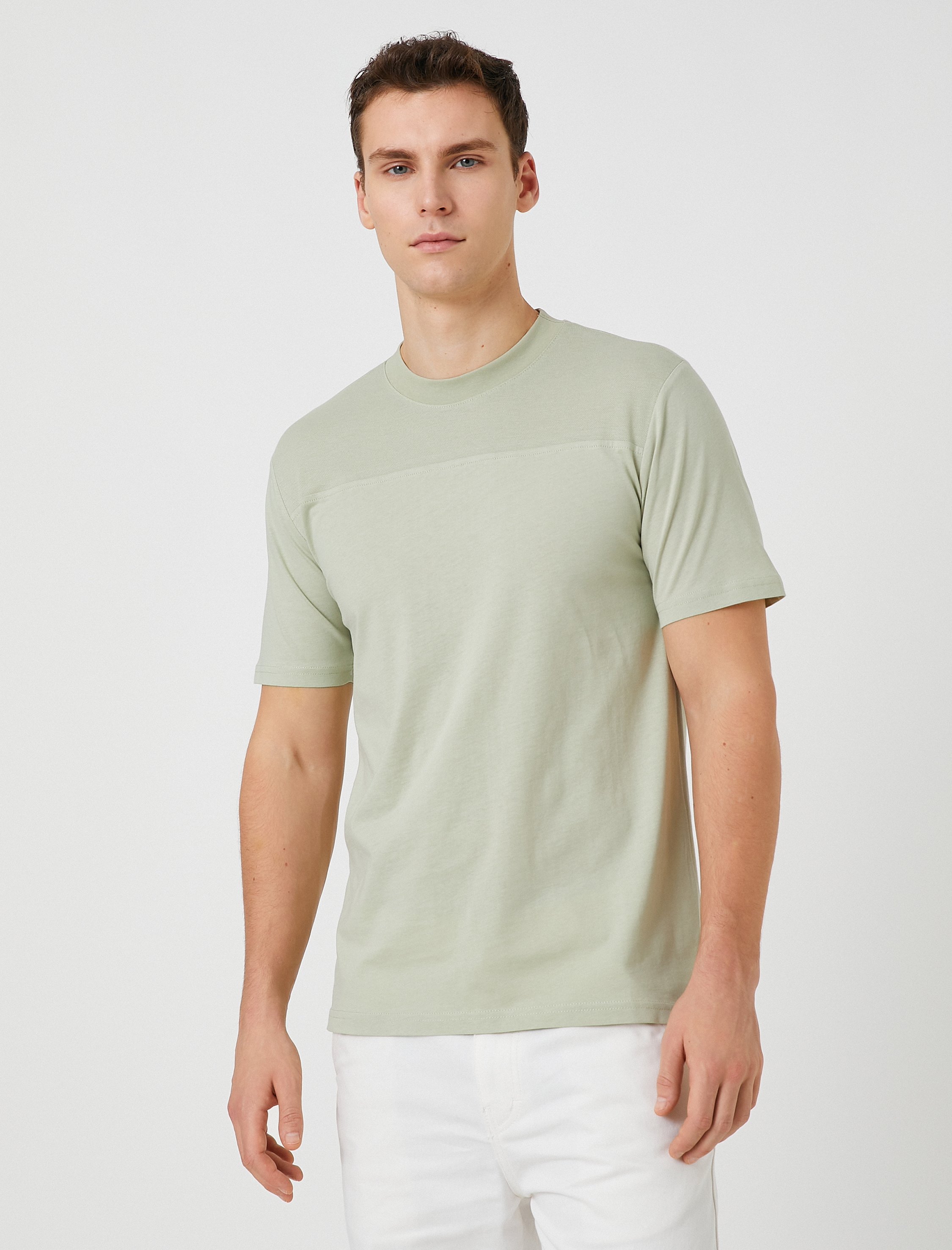   Bloklu Tişört Bisiklet Yaka Kısa Kollu Dikiş Detaylı