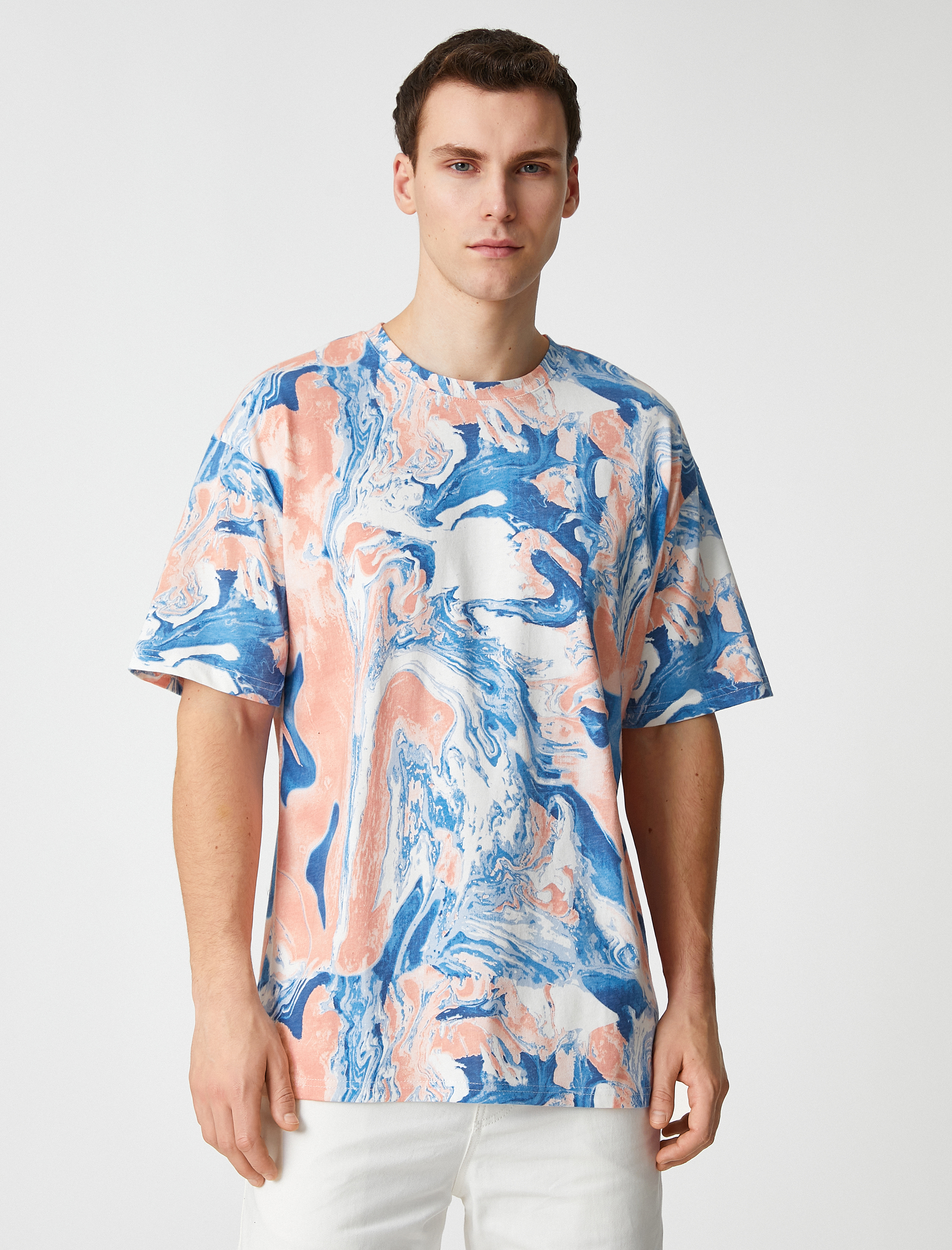   Oversize Tişört Soyut Baskılı Kısa Kollu Bisiklet Yaka Pamuklu