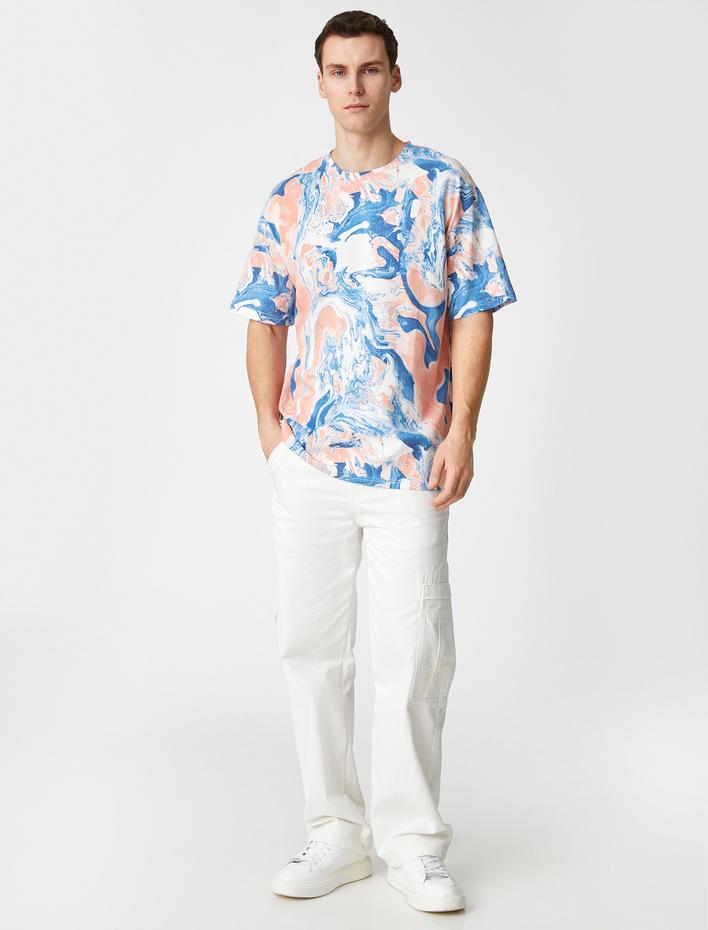  Oversize Tişört Soyut Baskılı Kısa Kollu Bisiklet Yaka Pamuklu