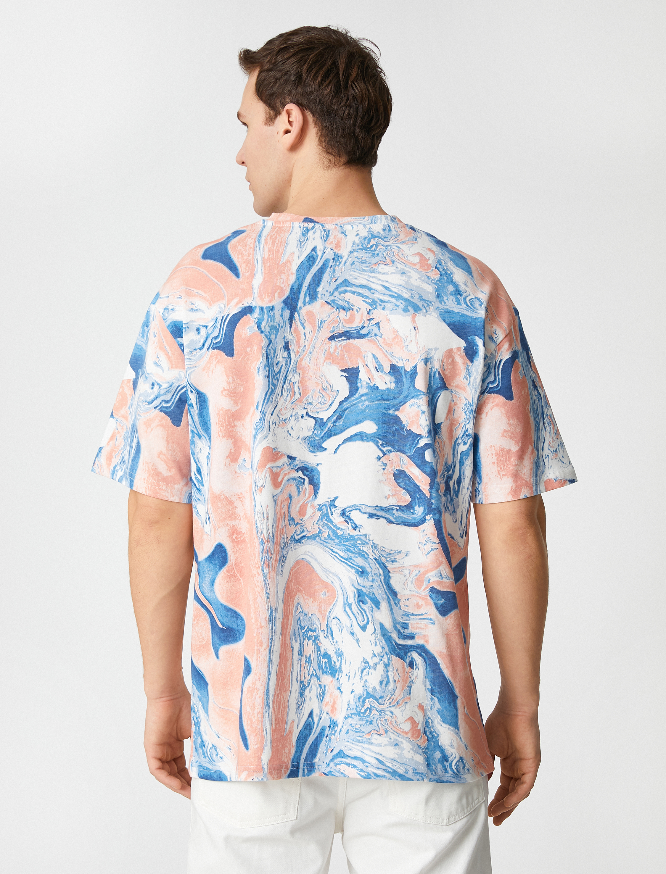   Oversize Tişört Soyut Baskılı Kısa Kollu Bisiklet Yaka Pamuklu