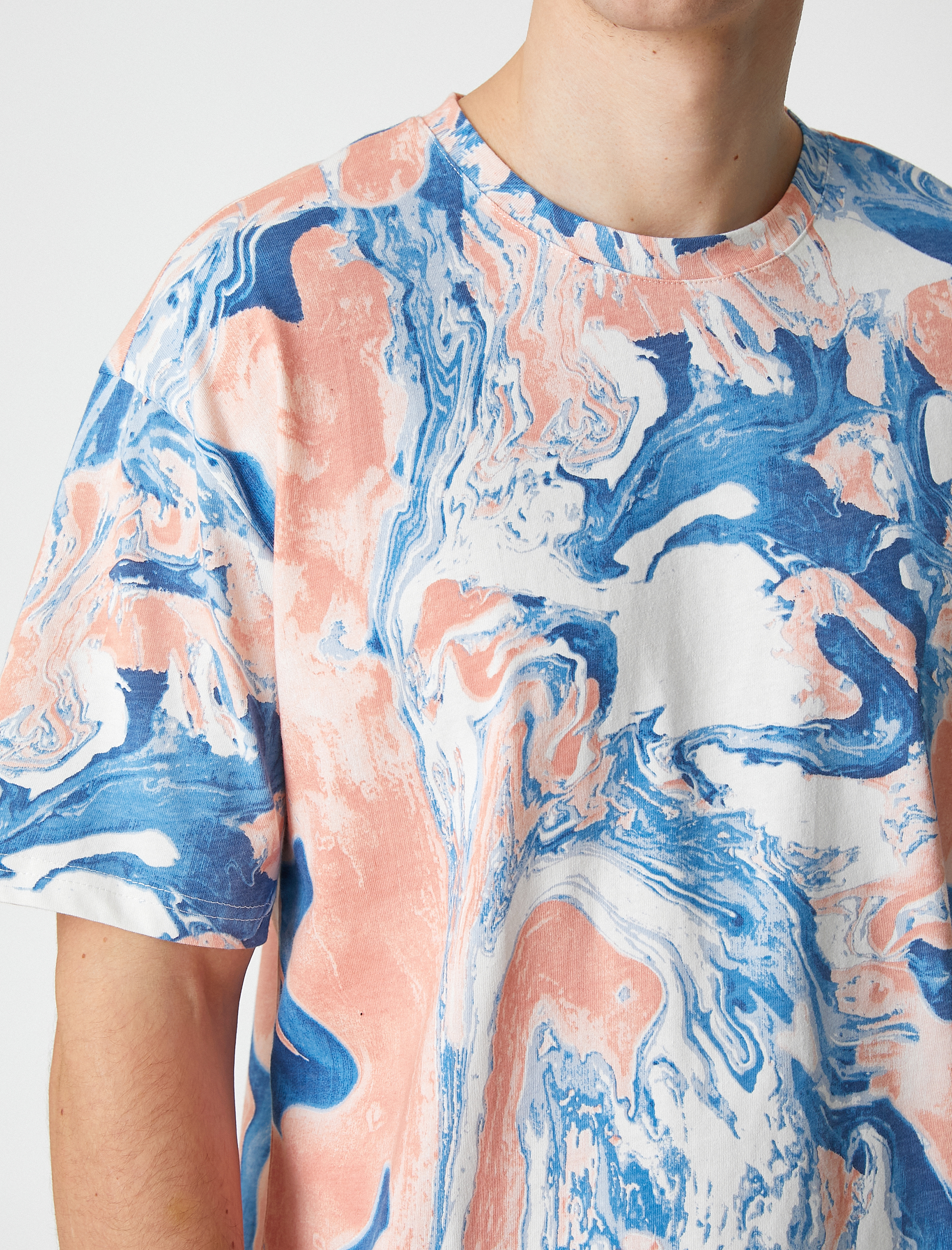   Oversize Tişört Soyut Baskılı Kısa Kollu Bisiklet Yaka Pamuklu