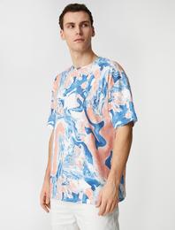 Oversize Tişört Soyut Baskılı Kısa Kollu Bisiklet Yaka Pamuklu