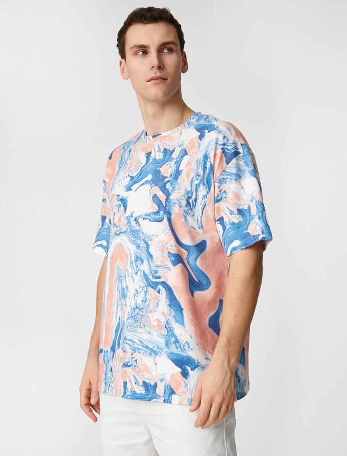  Oversize Tişört Soyut Baskılı Kısa Kollu Bisiklet Yaka Pamuklu