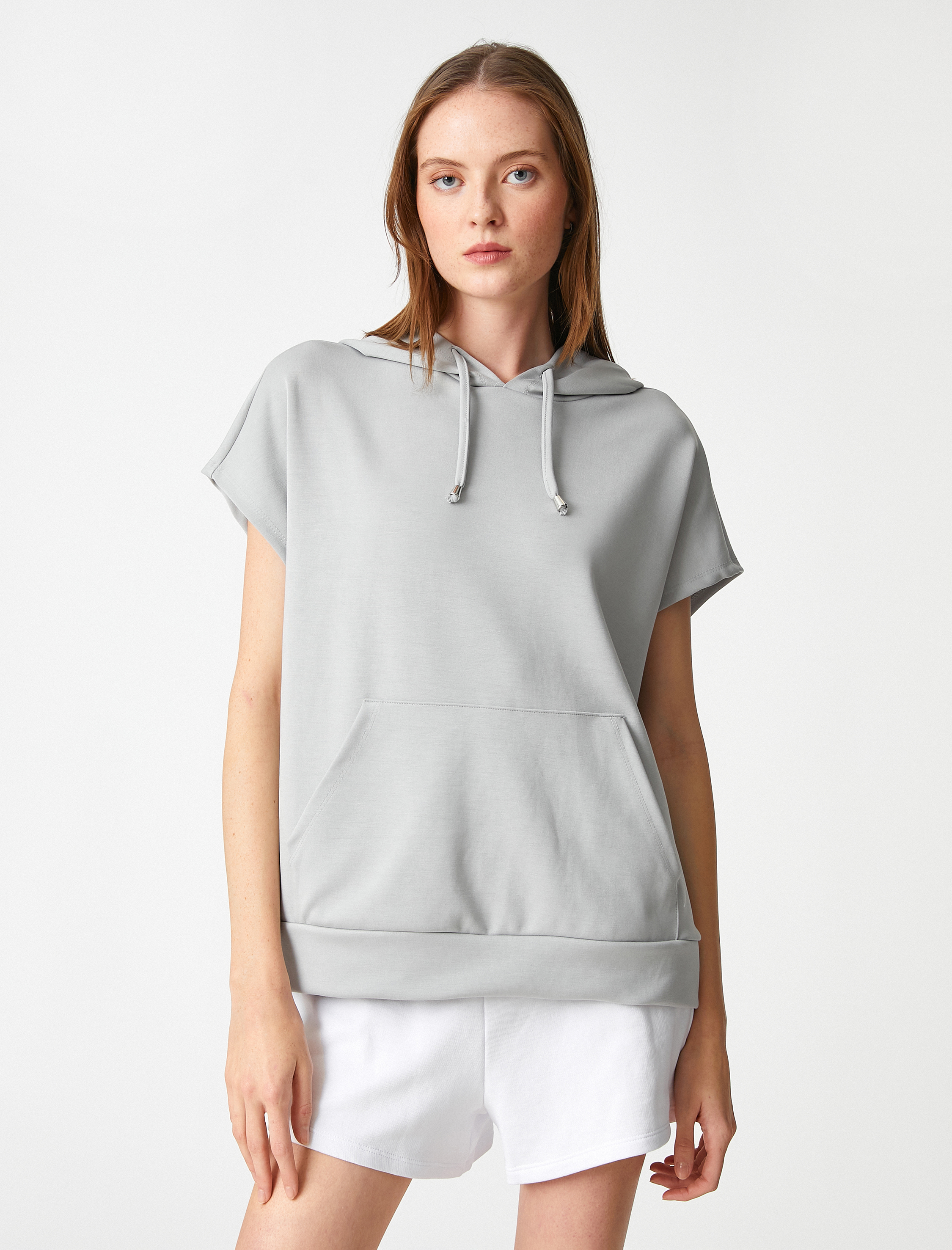   Kapüşonlu Kısa Kollu Sweatshirt Kanguru Cepli Modal Karışımlı