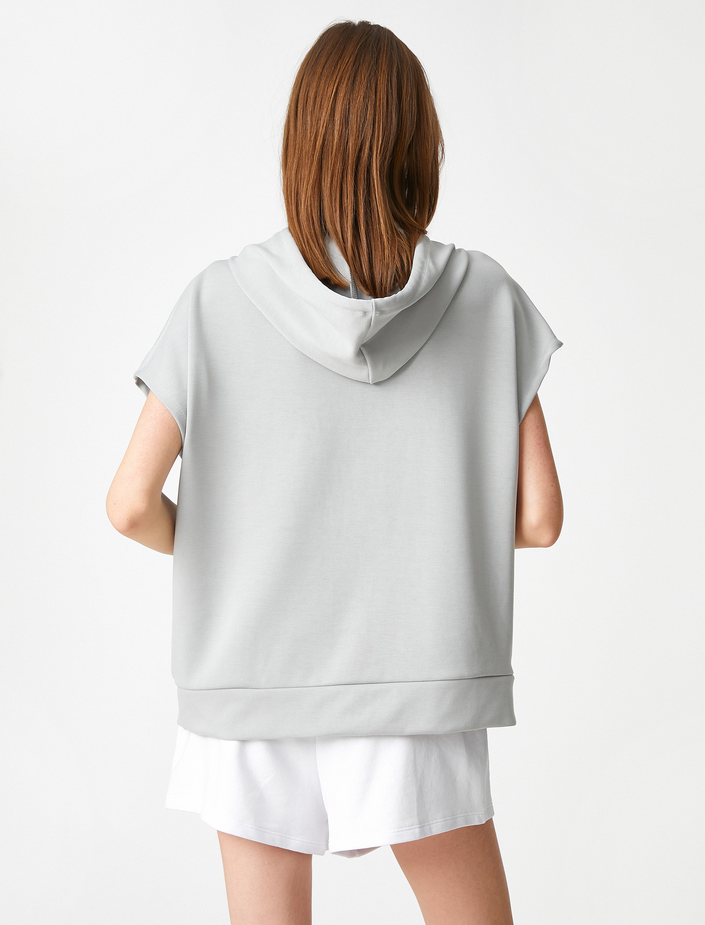   Kapüşonlu Kısa Kollu Sweatshirt Kanguru Cepli Modal Karışımlı