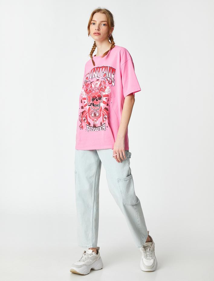  Baskılı Tişört Pamuklu Bisiklet Yaka Kısa Kollu