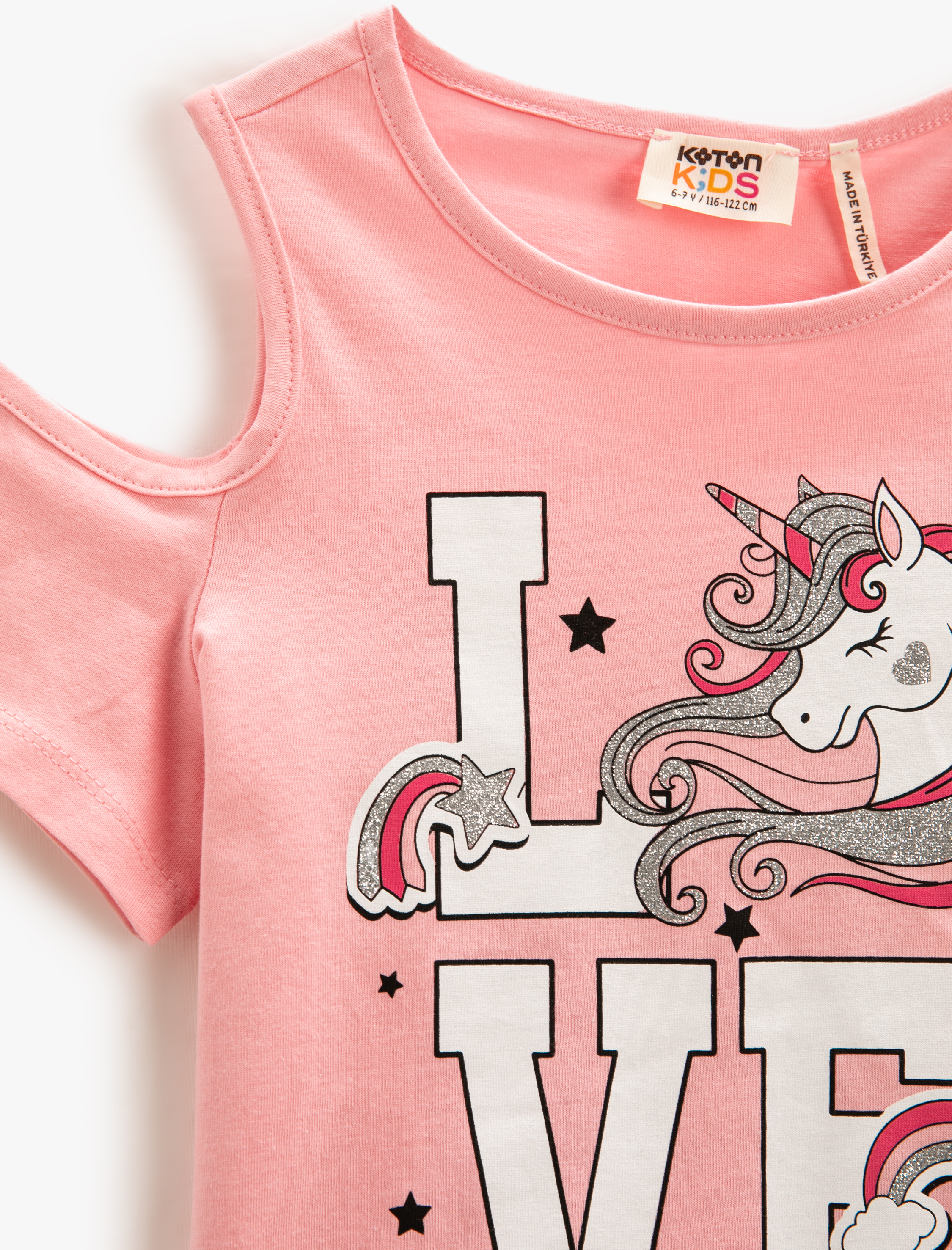  Kız Çocuk Püsküllü Unicorn Baskılı Tişört Pencere Detaylı Simli Bisiklet Yaka