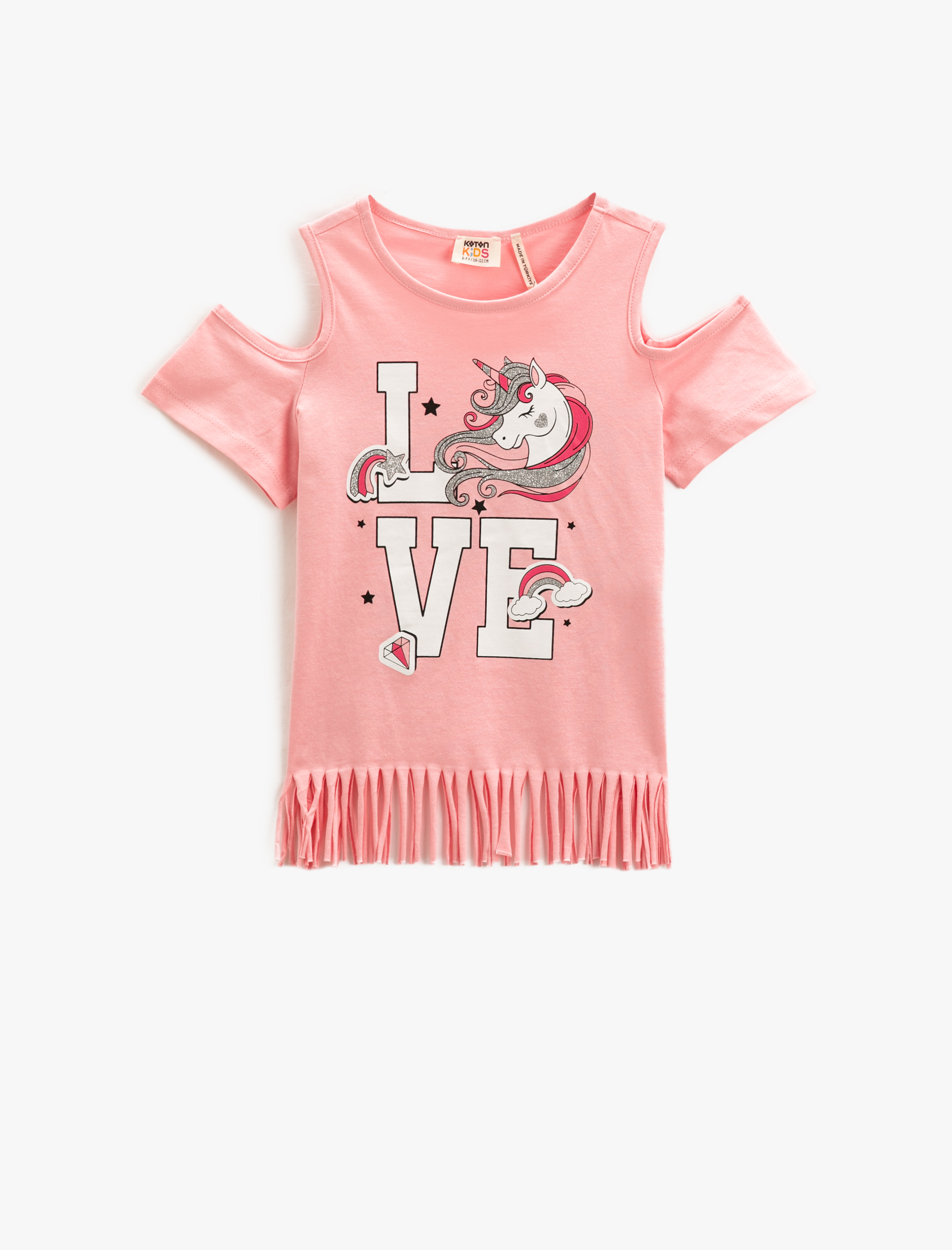  Kız Çocuk Püsküllü Unicorn Baskılı Tişört Pencere Detaylı Simli Bisiklet Yaka