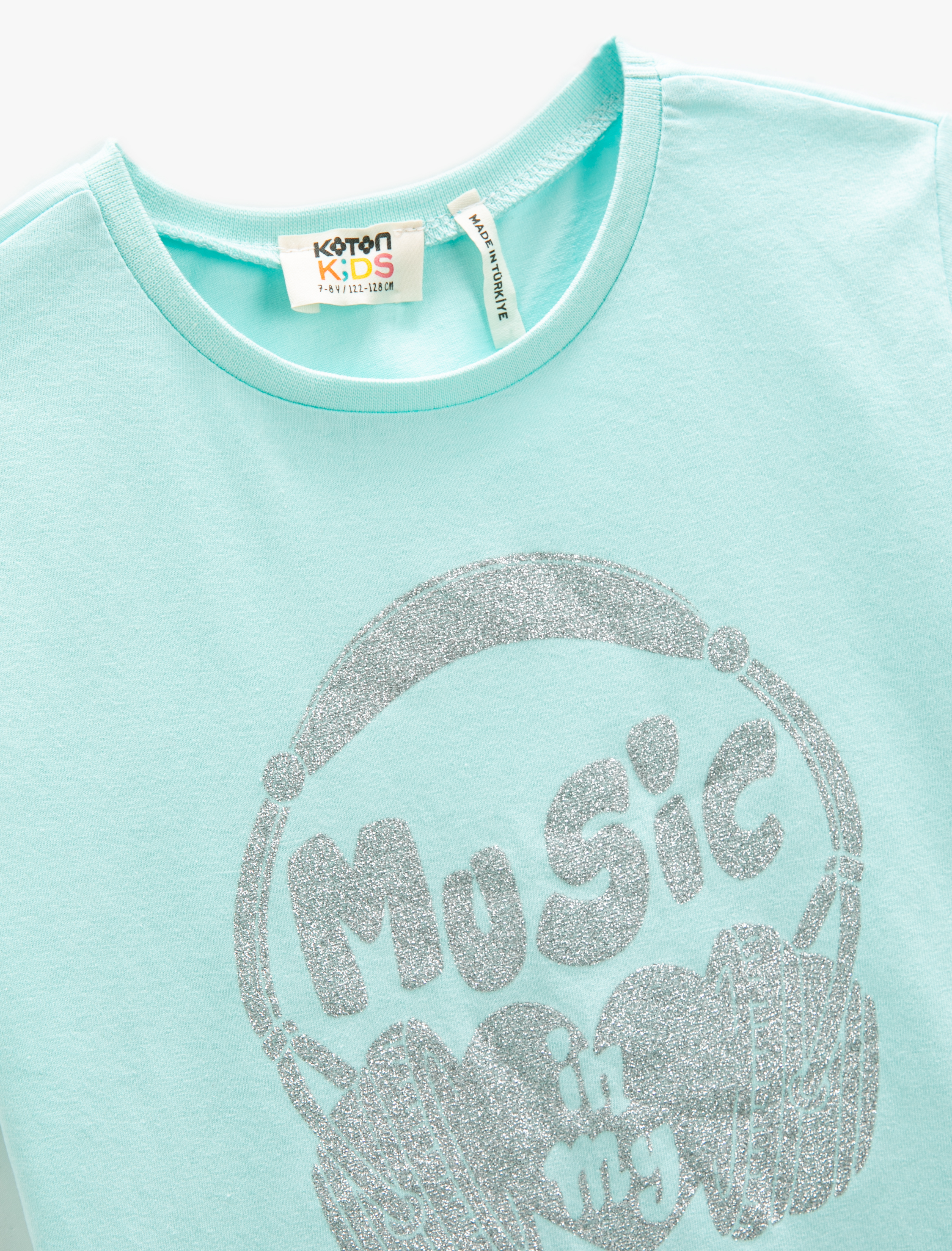  Kız Çocuk Simli Tişört Kısa Kollu Bisiklet Yaka Müzik Temalı Baskılı