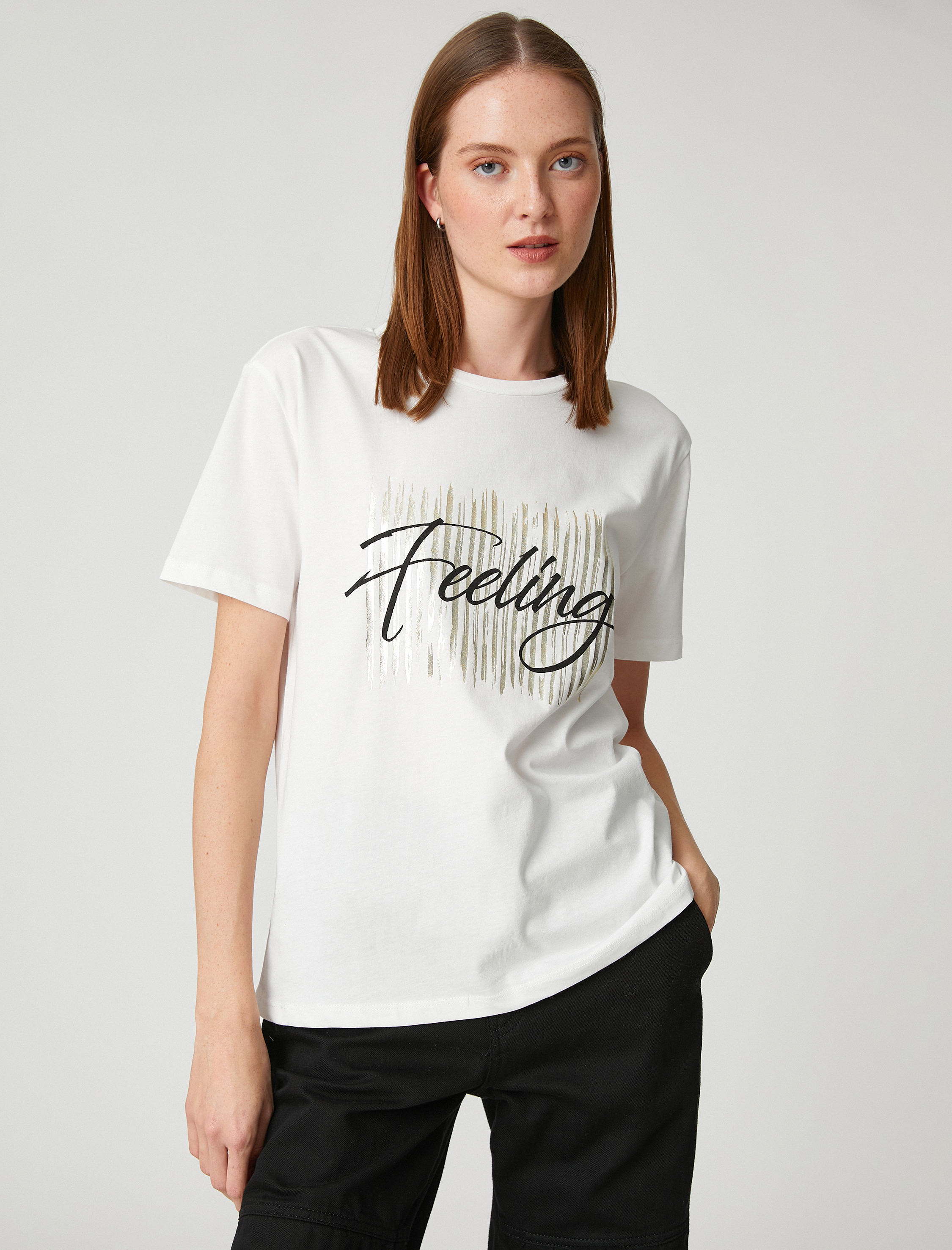   Parlak Baskılı Tişört Kısa Kollu Bisiklet Yaka Pamuklu