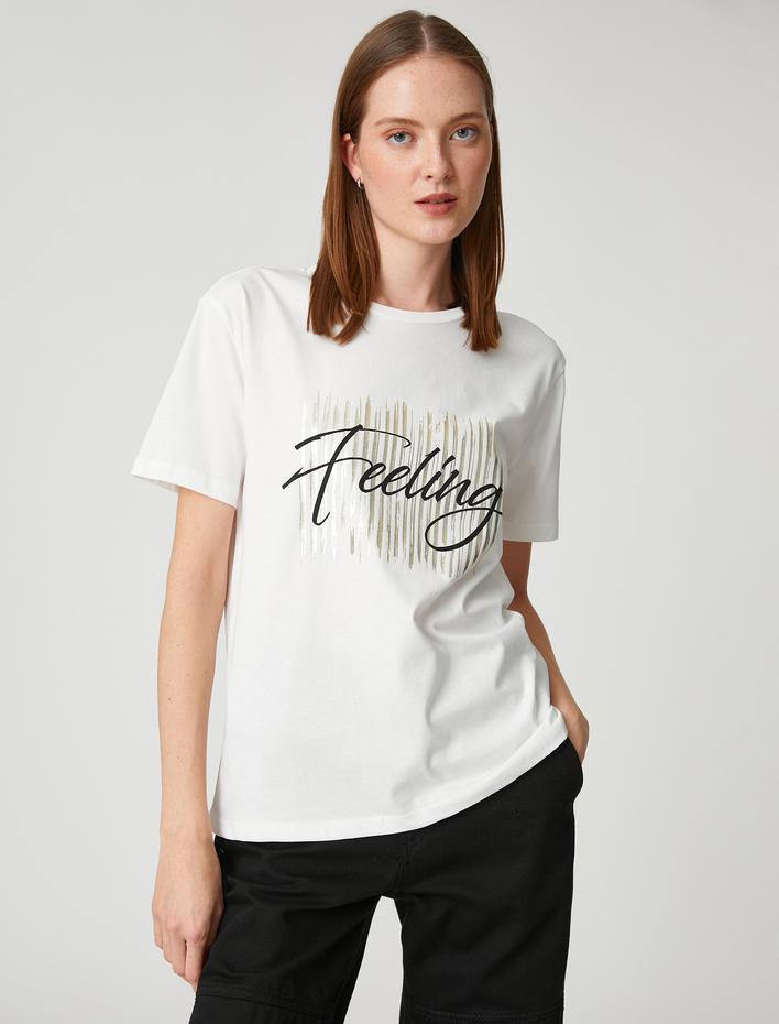  Parlak Baskılı Tişört Kısa Kollu Bisiklet Yaka Pamuklu