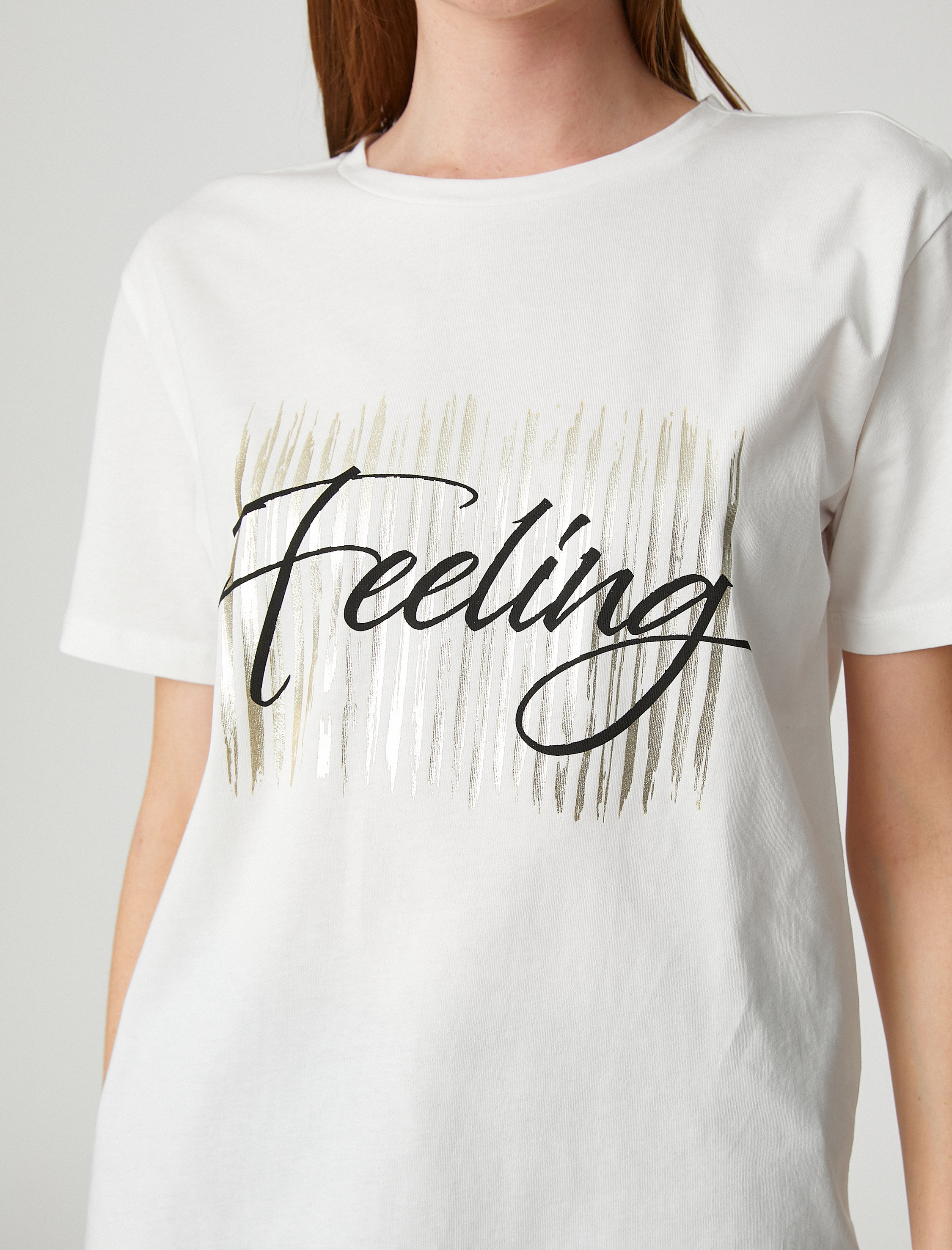   Parlak Baskılı Tişört Kısa Kollu Bisiklet Yaka Pamuklu