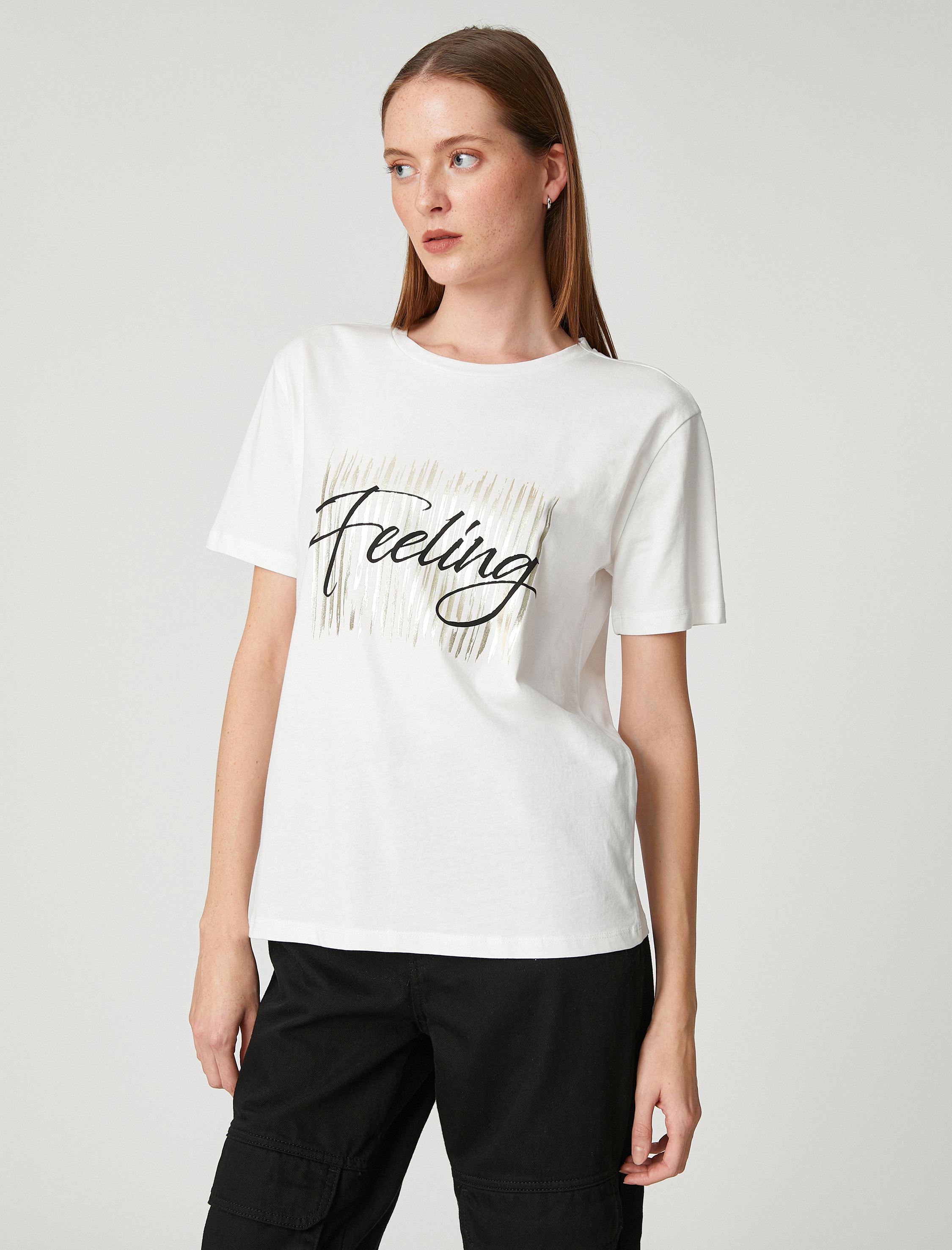   Parlak Baskılı Tişört Kısa Kollu Bisiklet Yaka Pamuklu