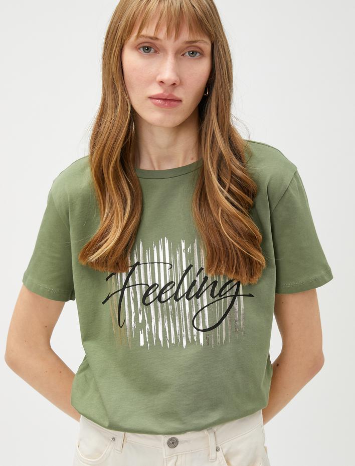  Parlak Baskılı Tişört Kısa Kollu Bisiklet Yaka Pamuklu