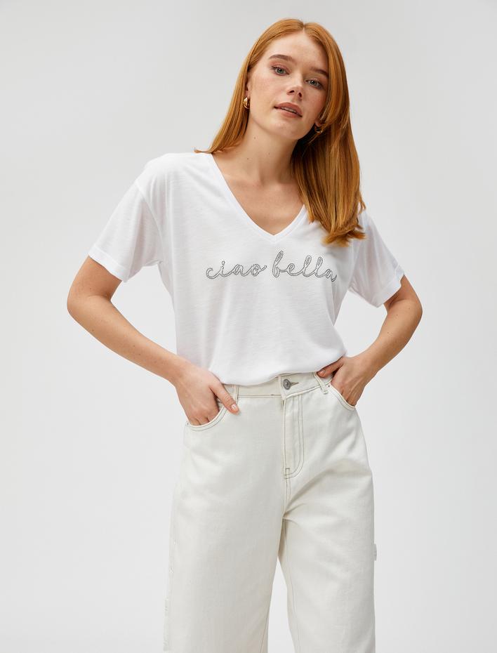  Taşlı Tişört V Yaka