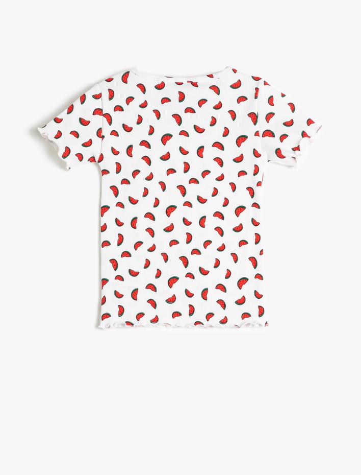 Kız Çocuk Karpuz Baskılı Tişört Fitilli Kısa Kollu Bisiklet Yaka Pamuklu