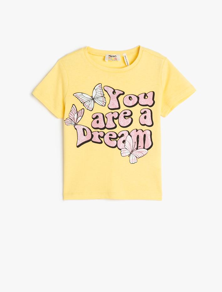 Kız Çocuk Tişört Baskılı Simli Kısa Kollu Bisiklet Yaka Pamuklu