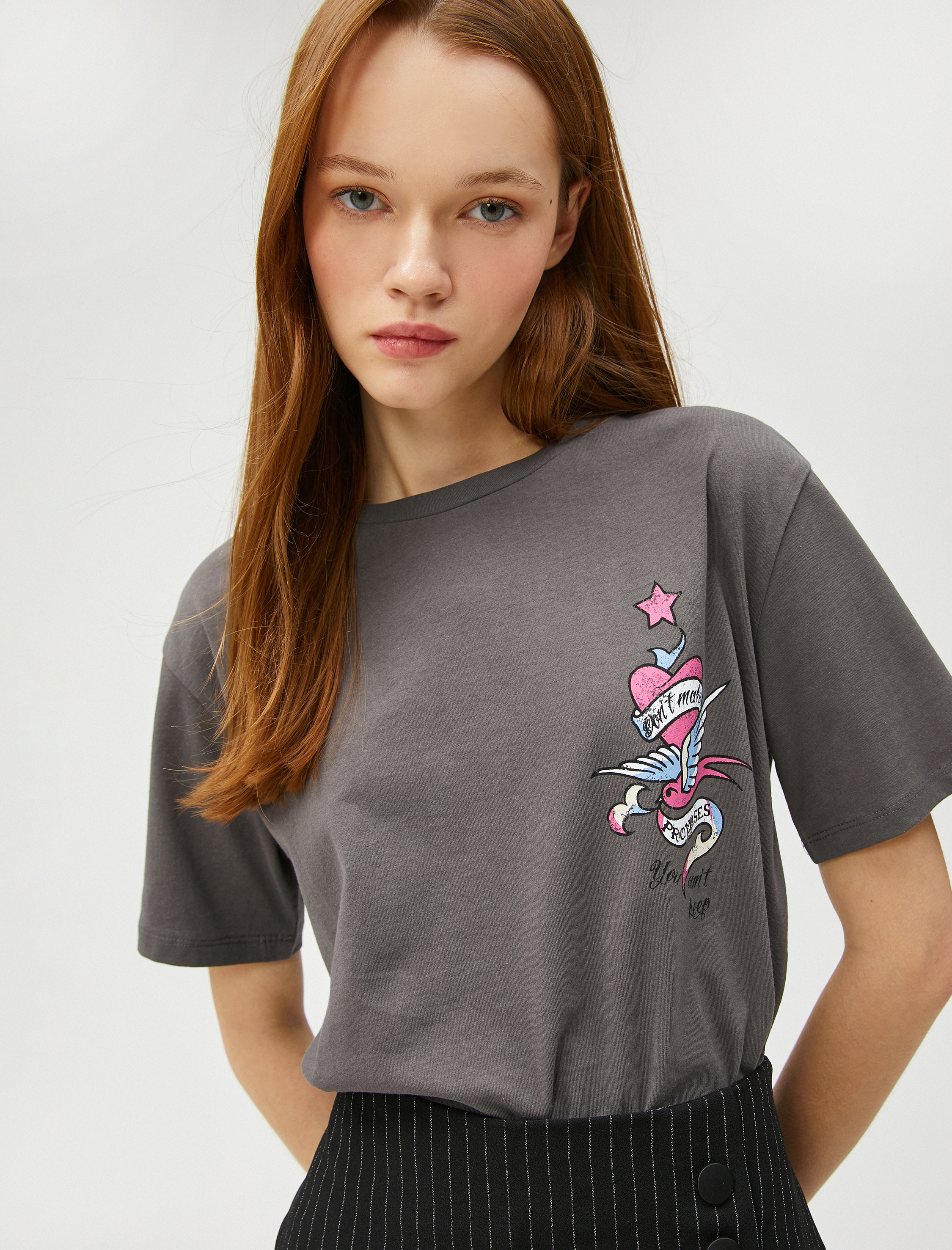   Baskılı Oversize Tişört Bisiklet Yaka Kısa Kollu Pamuklu