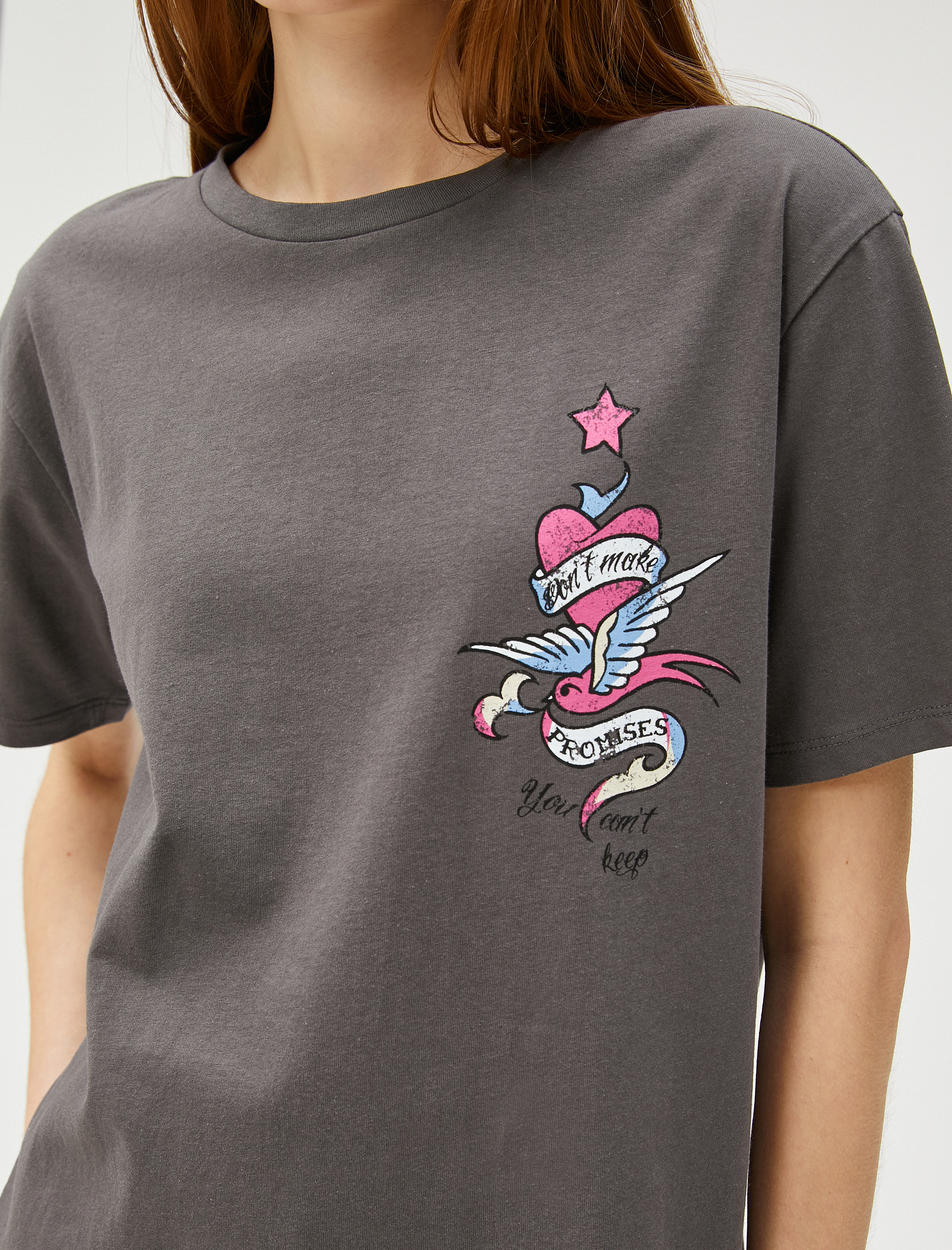   Baskılı Oversize Tişört Bisiklet Yaka Kısa Kollu Pamuklu