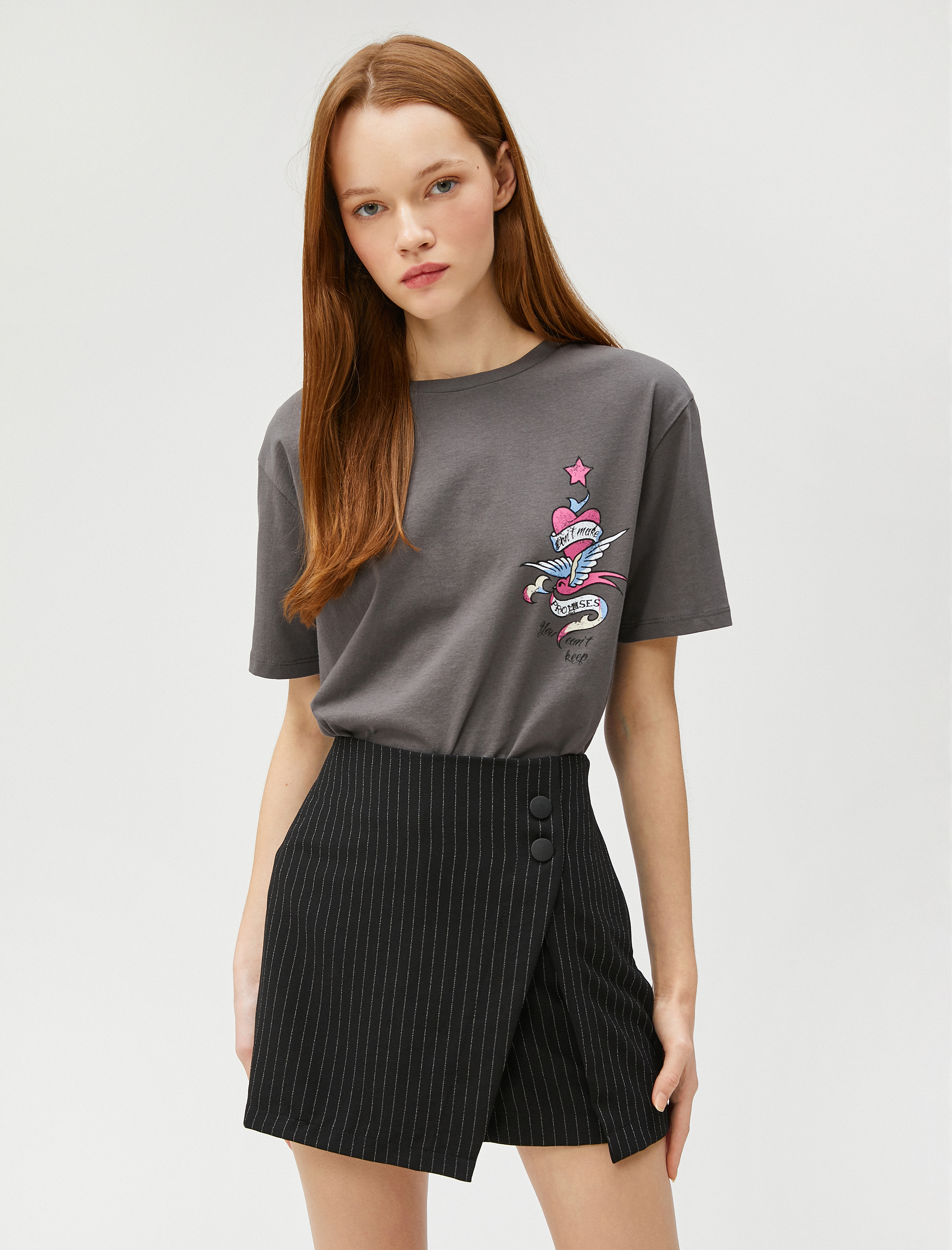   Baskılı Oversize Tişört Bisiklet Yaka Kısa Kollu Pamuklu