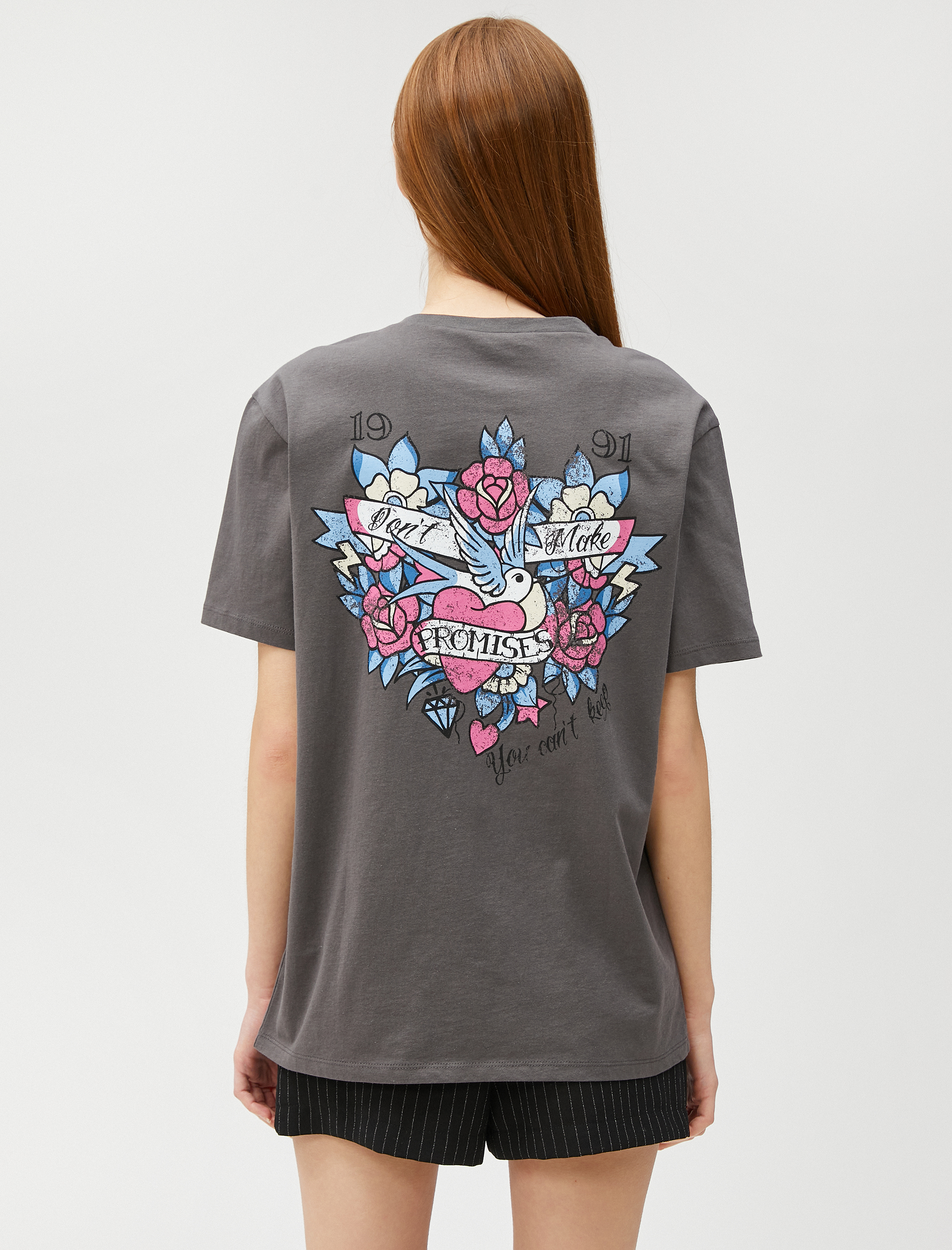   Baskılı Oversize Tişört Bisiklet Yaka Kısa Kollu Pamuklu