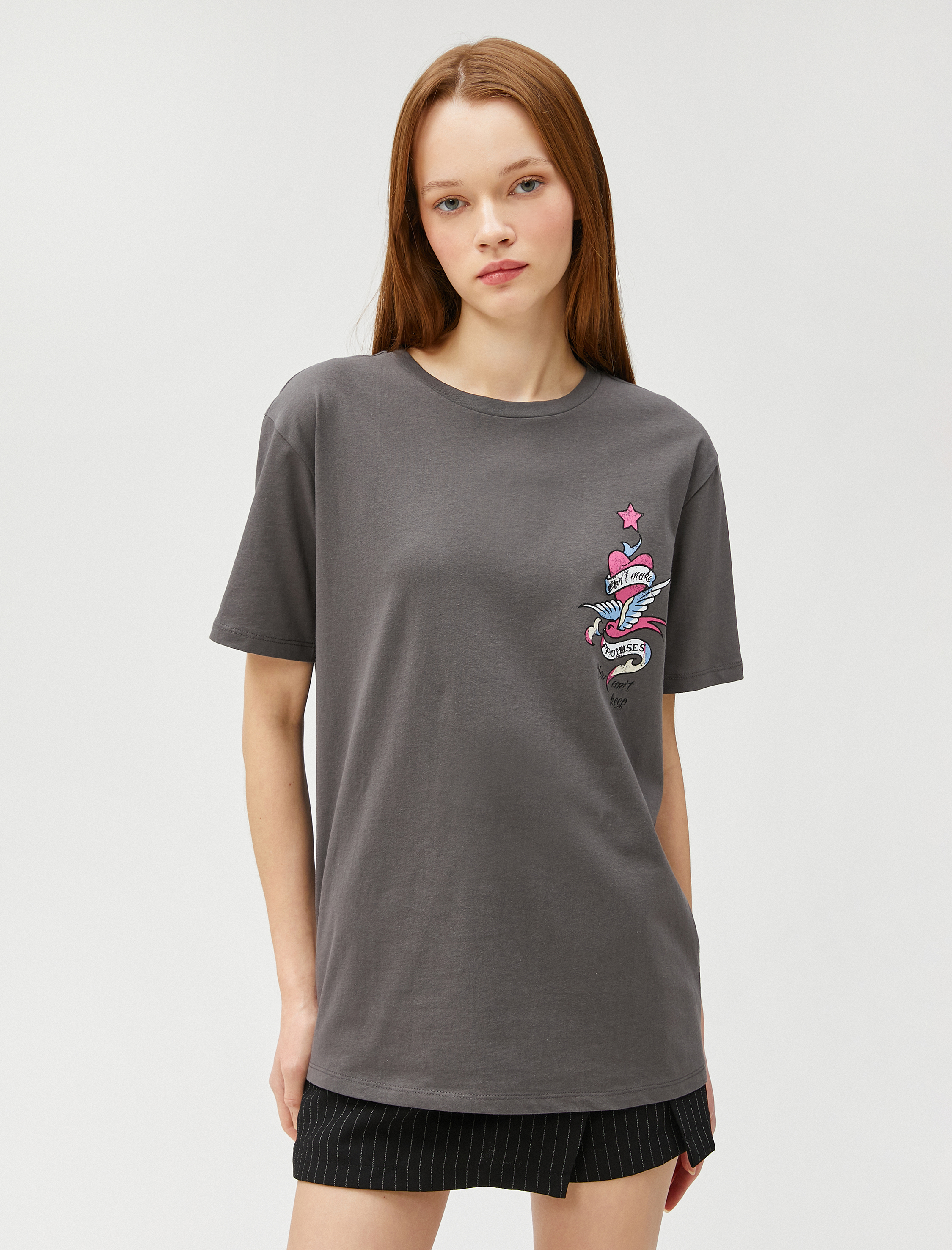   Baskılı Oversize Tişört Bisiklet Yaka Kısa Kollu Pamuklu