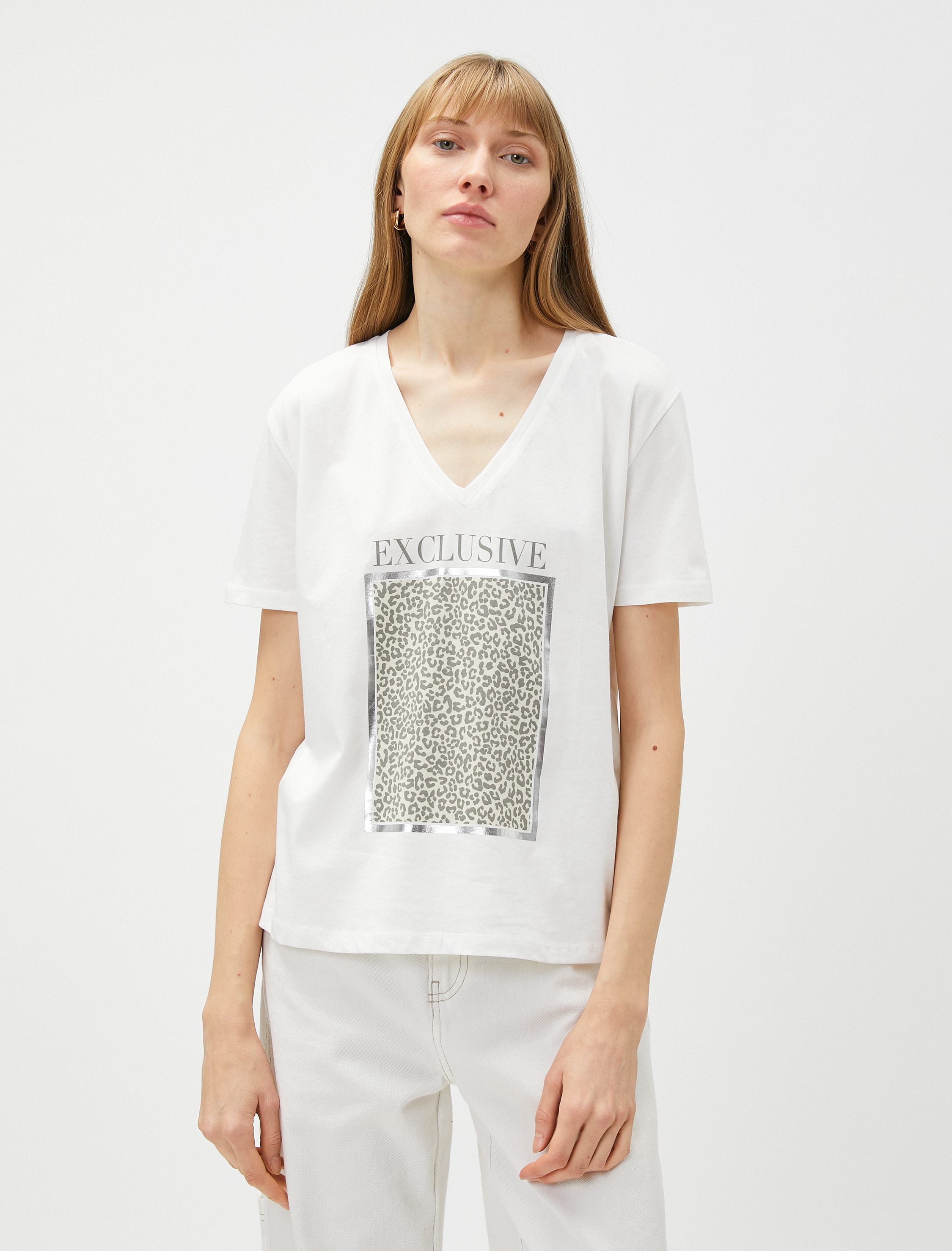   Parlak Baskılı Tişört Kısa Kollu Bisiklet Yaka Pamuklu