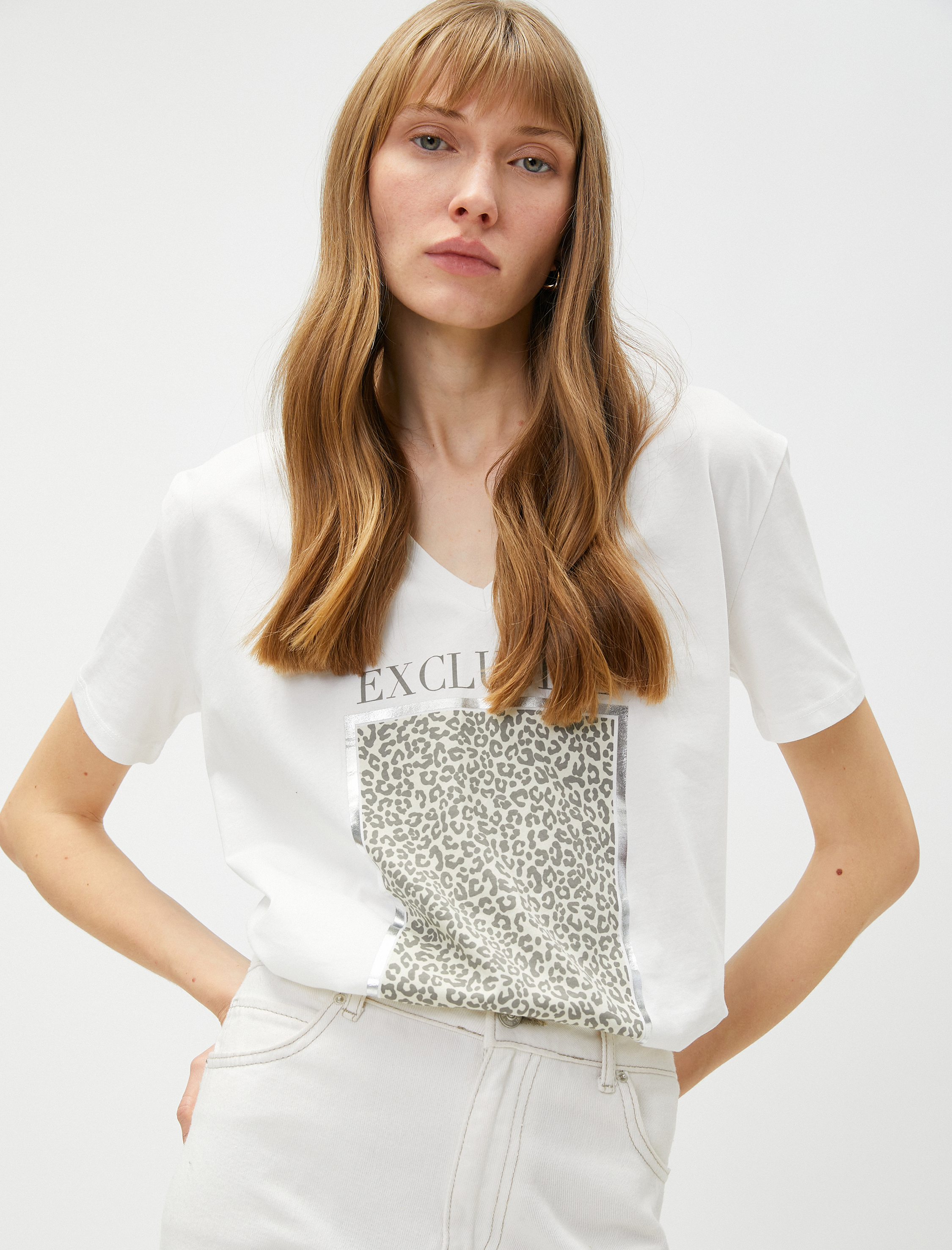   Parlak Baskılı Tişört Kısa Kollu Bisiklet Yaka Pamuklu