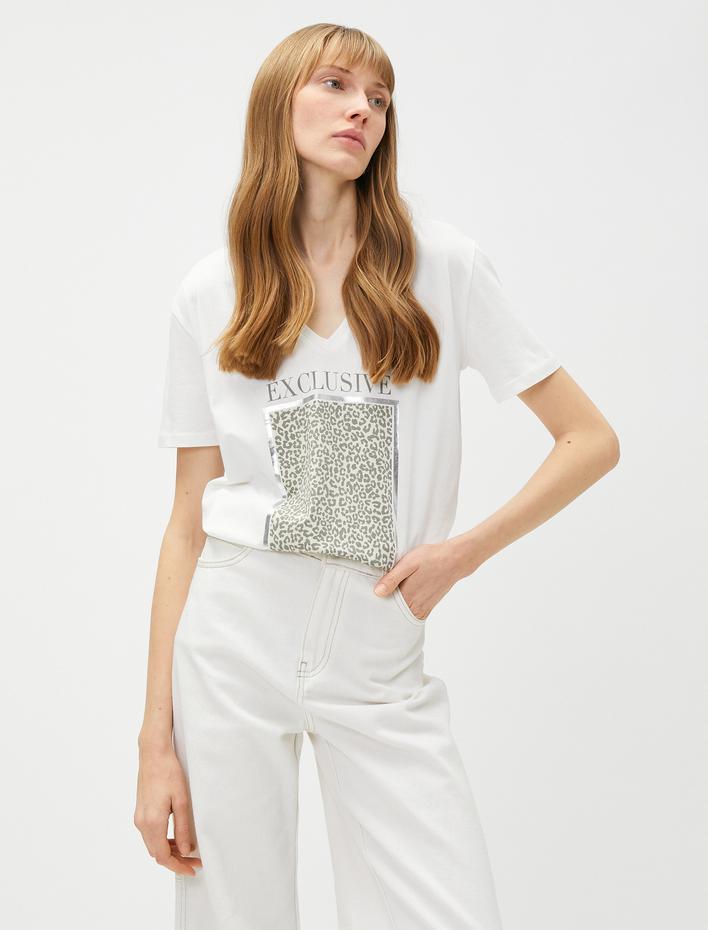  Parlak Baskılı Tişört Kısa Kollu Bisiklet Yaka Pamuklu