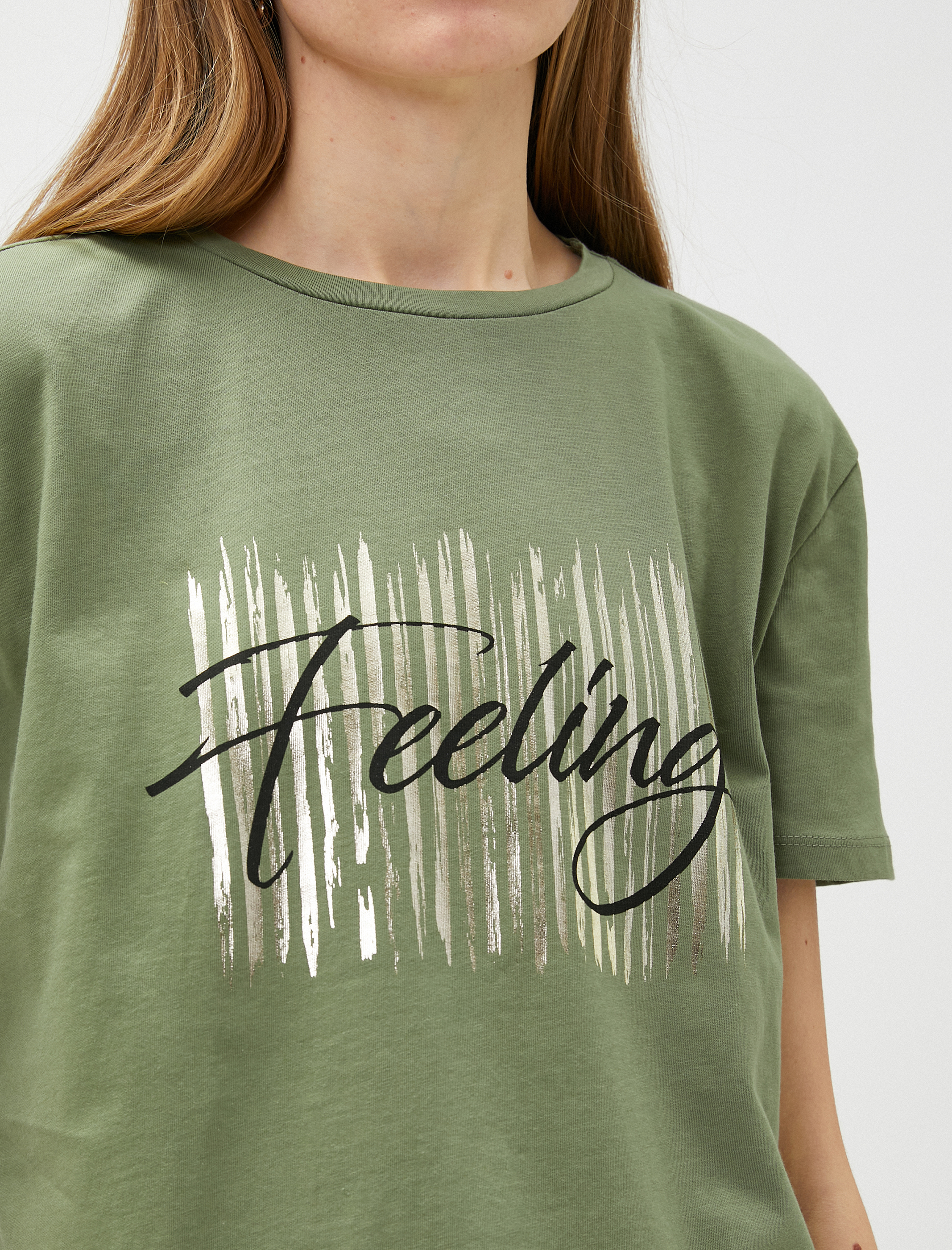   Parlak Baskılı Tişört Kısa Kollu Bisiklet Yaka Pamuklu