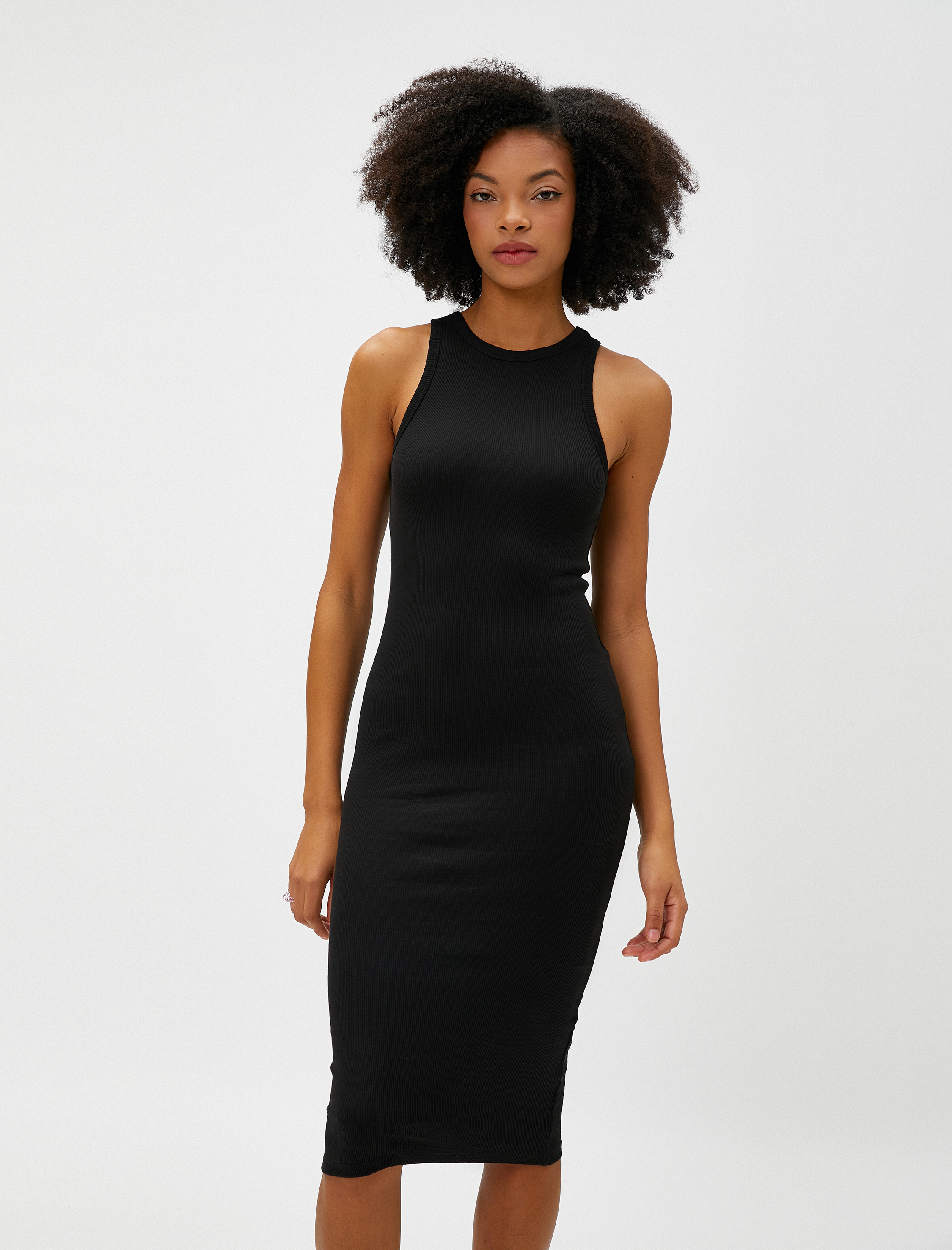 Midi Kalem Elbise Halter Yaka Pamuklu Fitilli Kolsuz