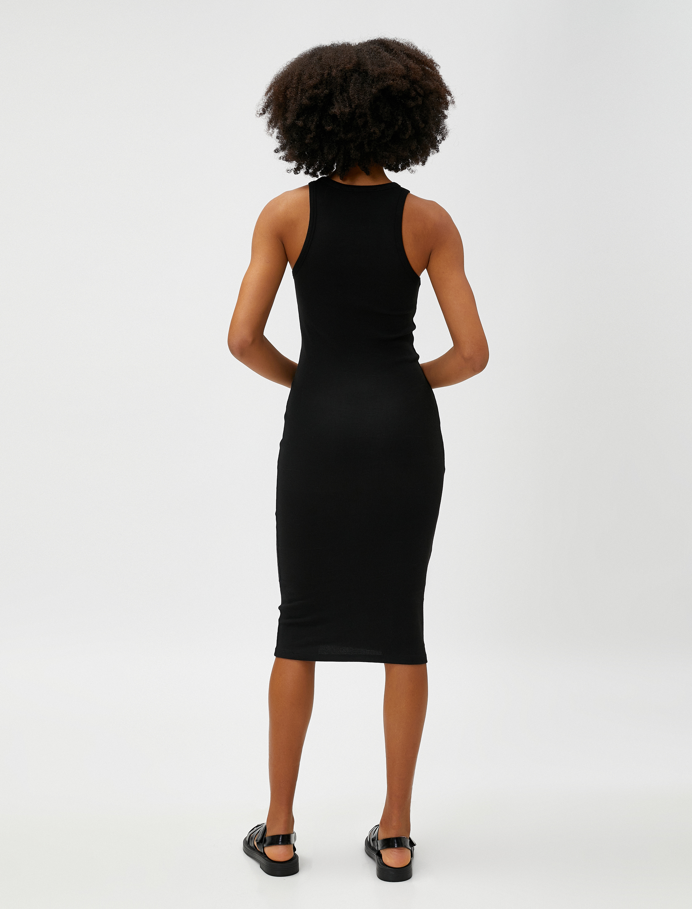 Midi Kalem Elbise Halter Yaka Pamuklu Fitilli Kolsuz