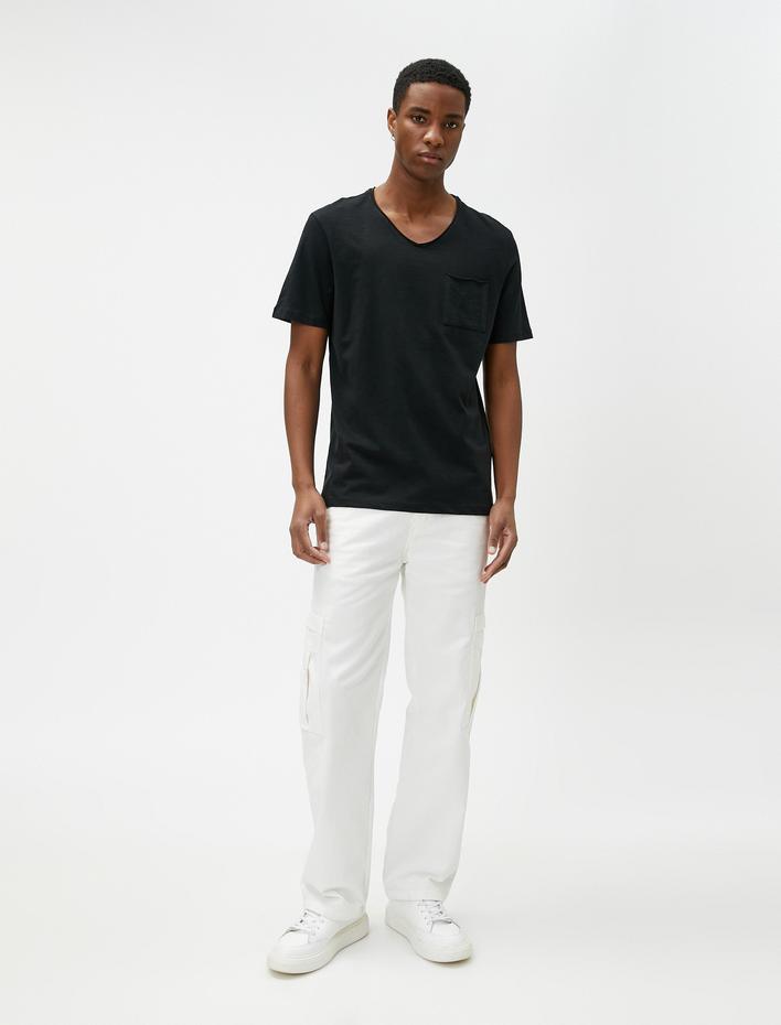  Basic Tişört V Yaka Cep Detaylı Kısa Kollu