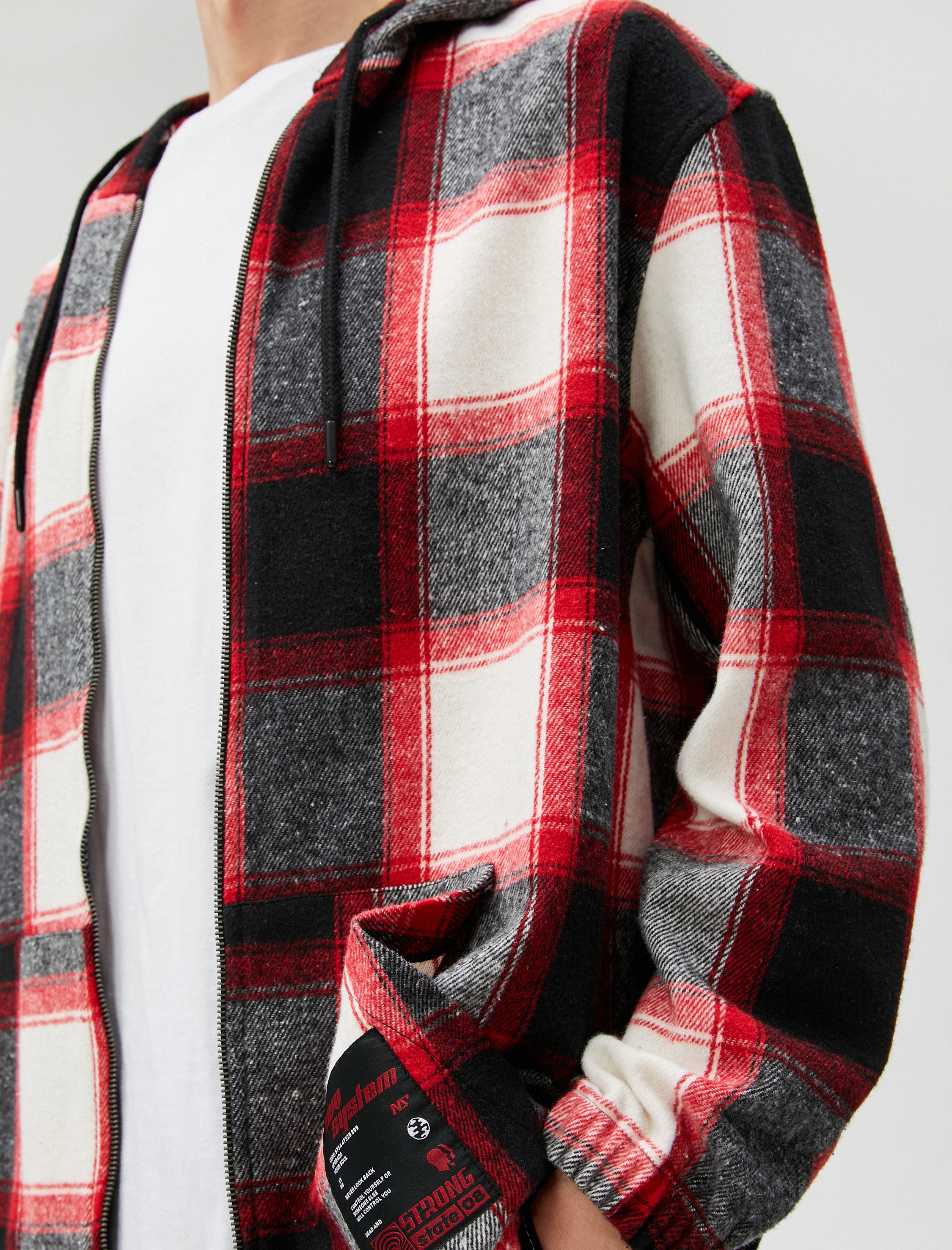   Kareli Kapşonlu Sweatshirt Etiket Baskılı Cepli