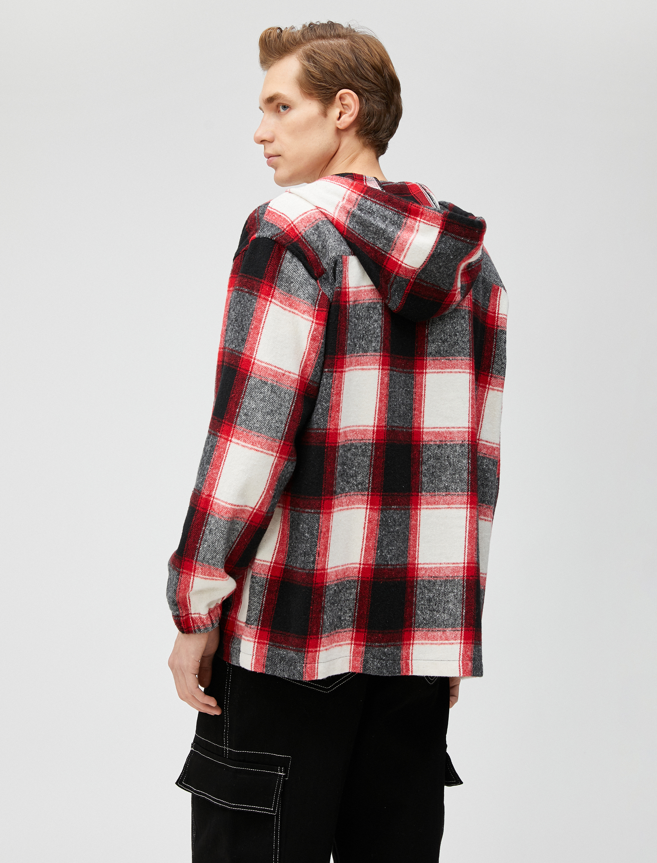   Kareli Kapşonlu Sweatshirt Etiket Baskılı Cepli