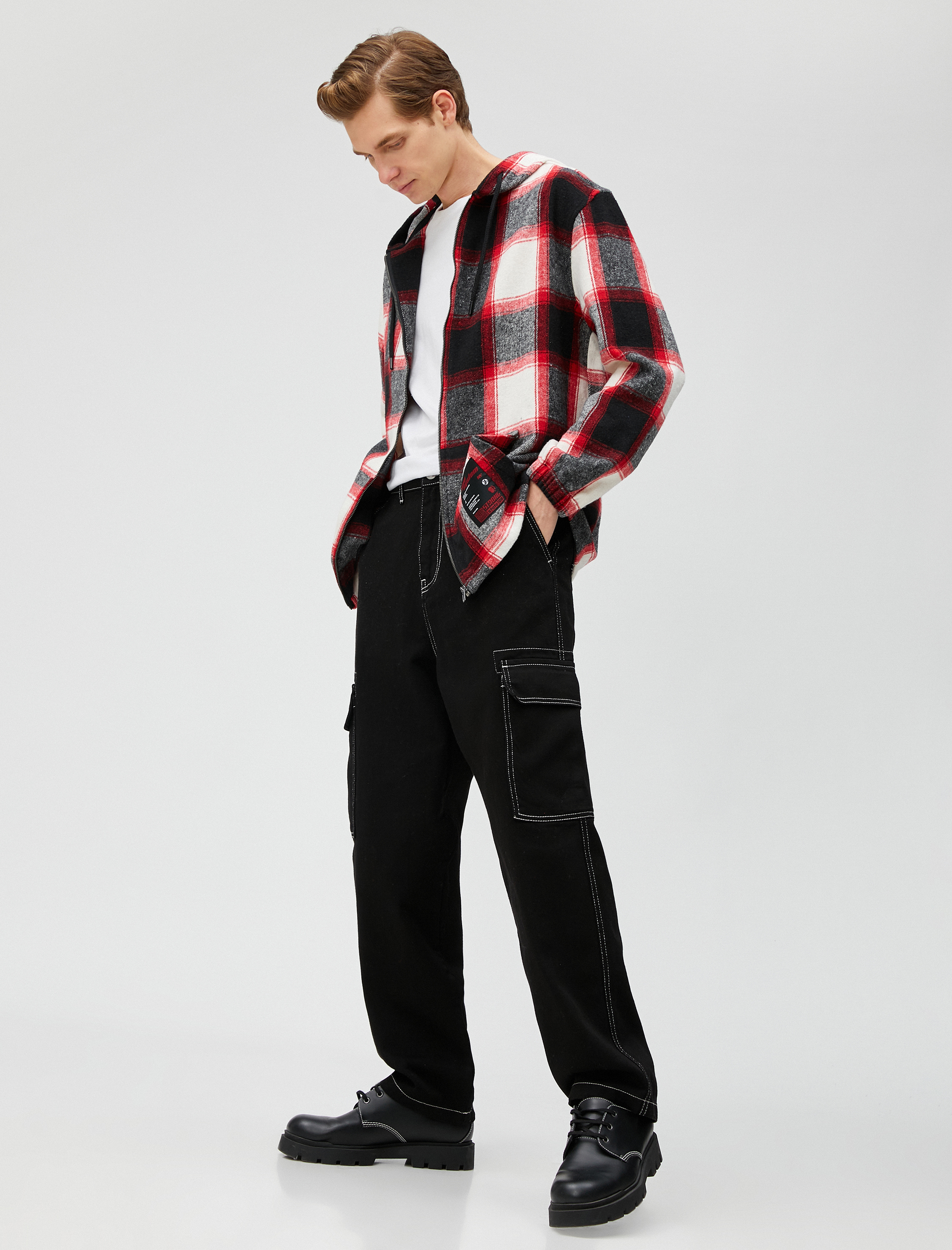   Kareli Kapşonlu Sweatshirt Etiket Baskılı Cepli