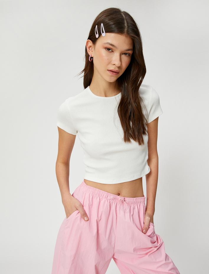  Crop Tişört Bisiklet Yaka Kısa Kollu Fitilli Pamuklu