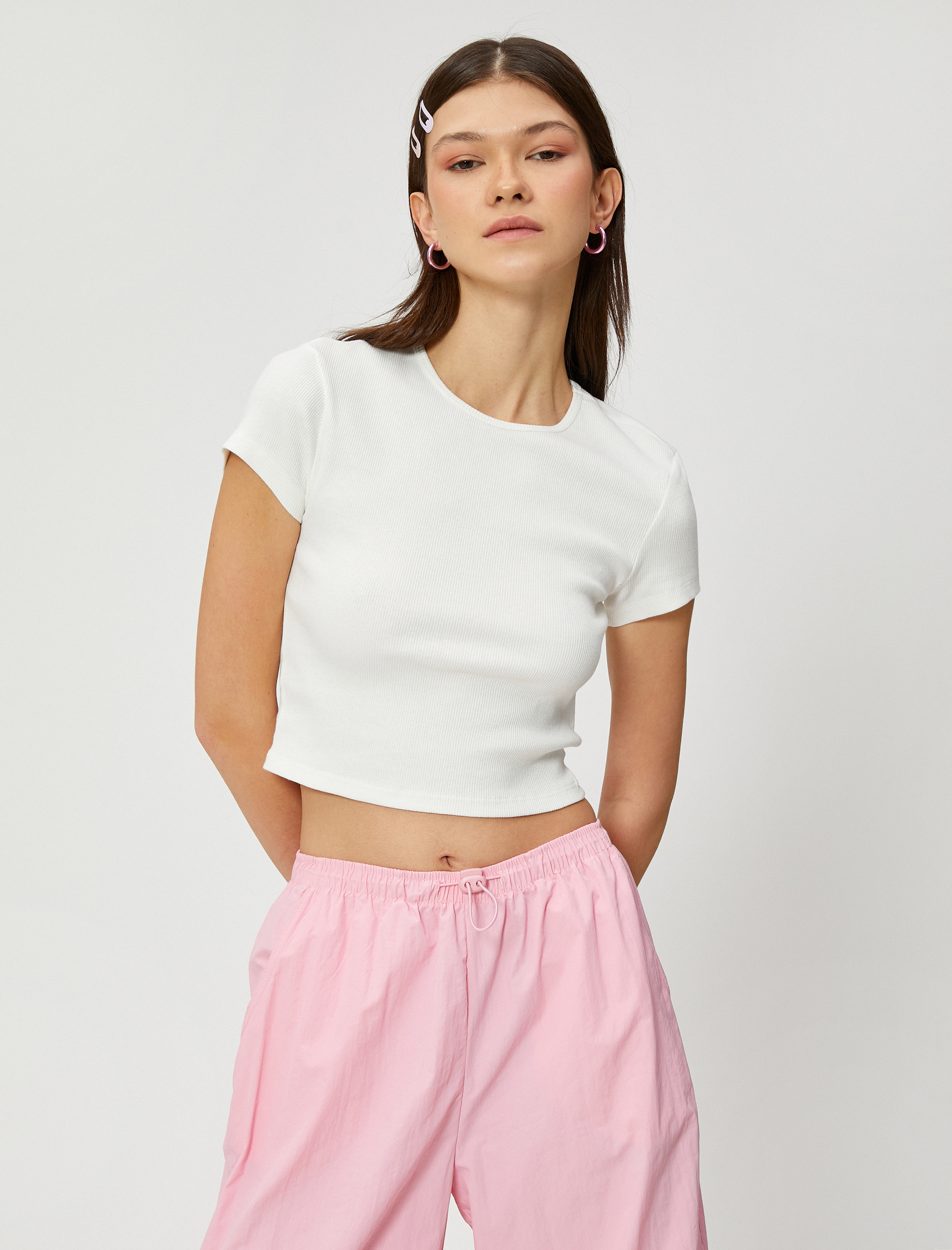   Crop Tişört Bisiklet Yaka Kısa Kollu Fitilli Pamuklu