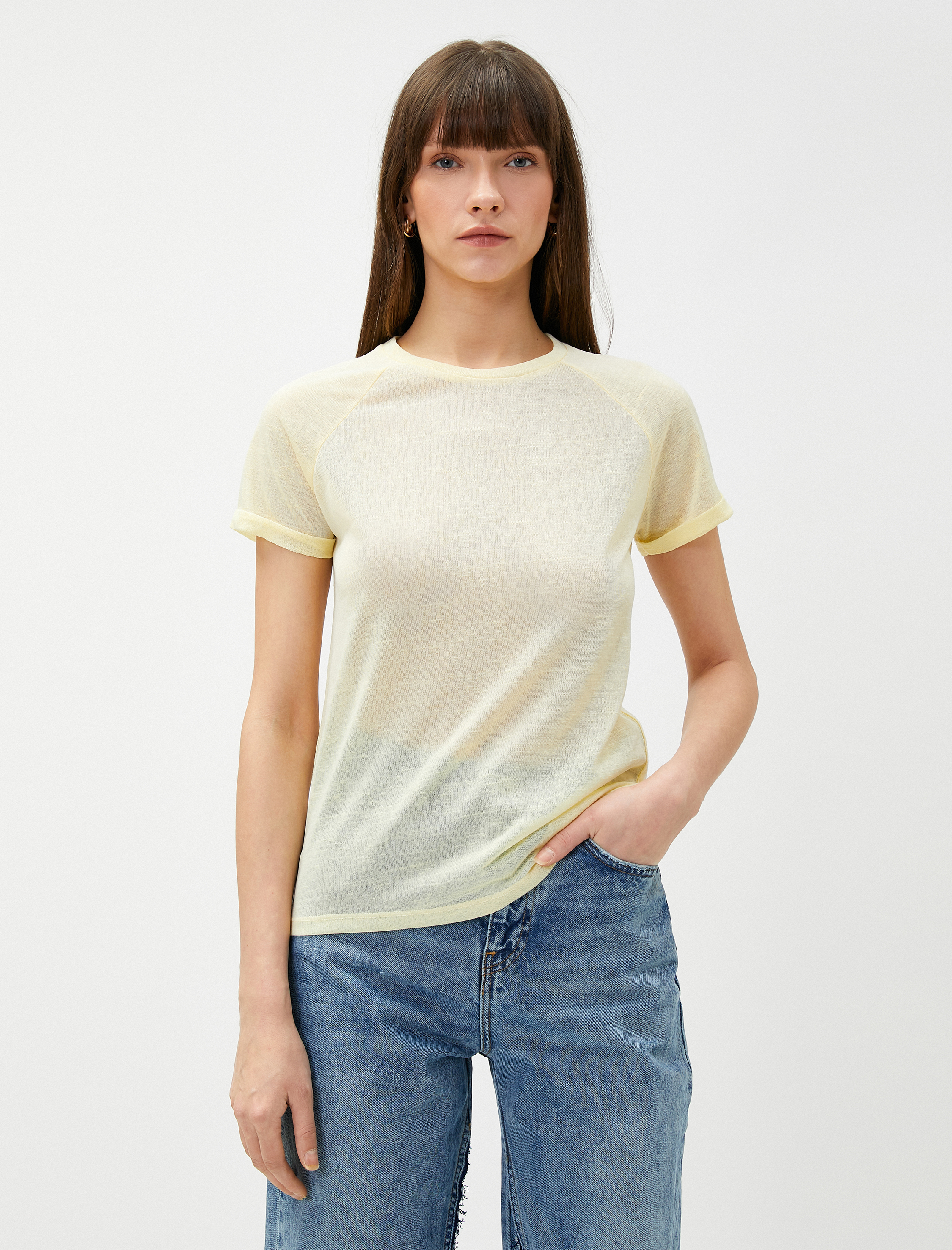   Bisiklet Yaka Kısa Kollu Yarı Transparan Tişört