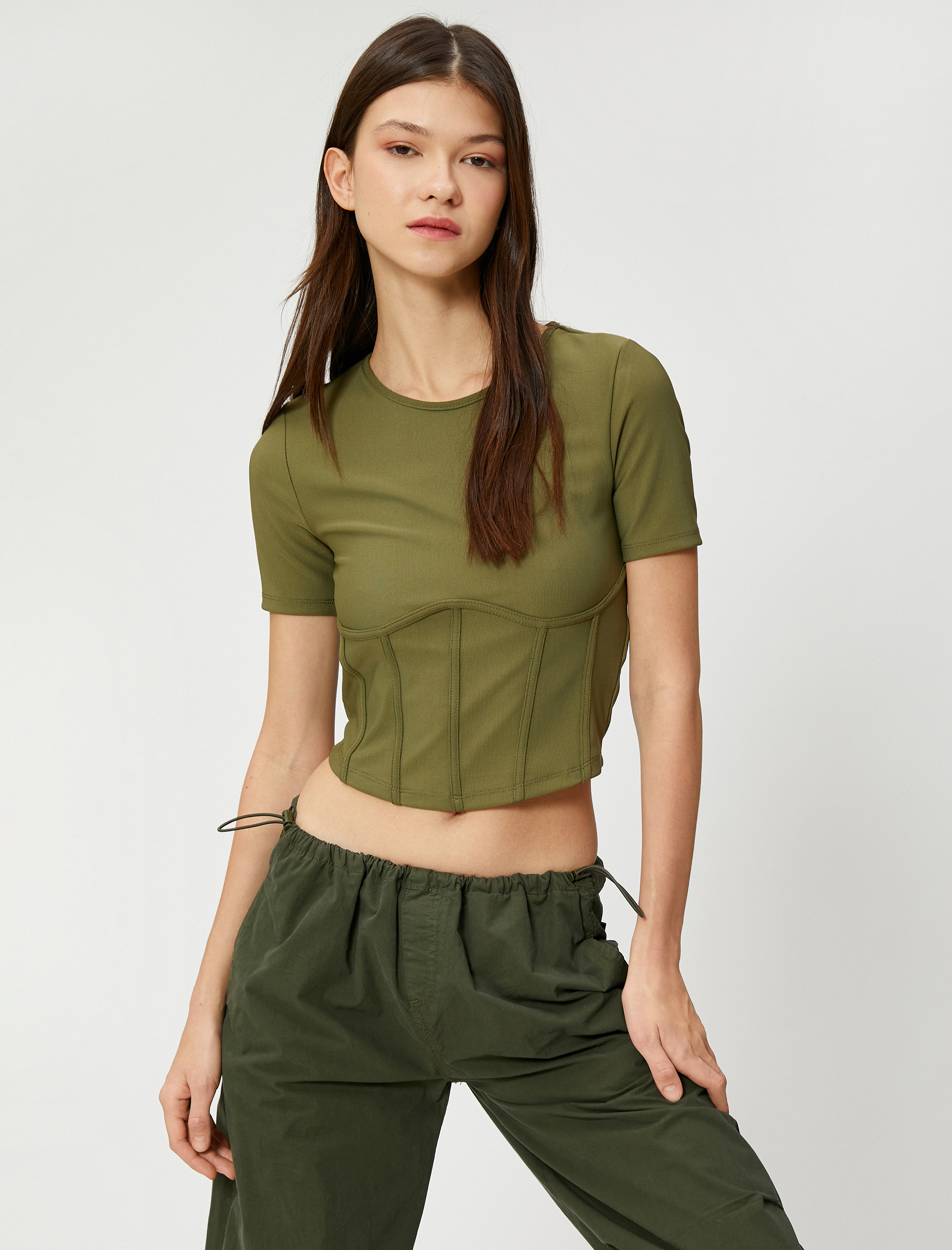   Crop Tişört Korse Görünümlü Kısa Kollu Bisiklet Yaka