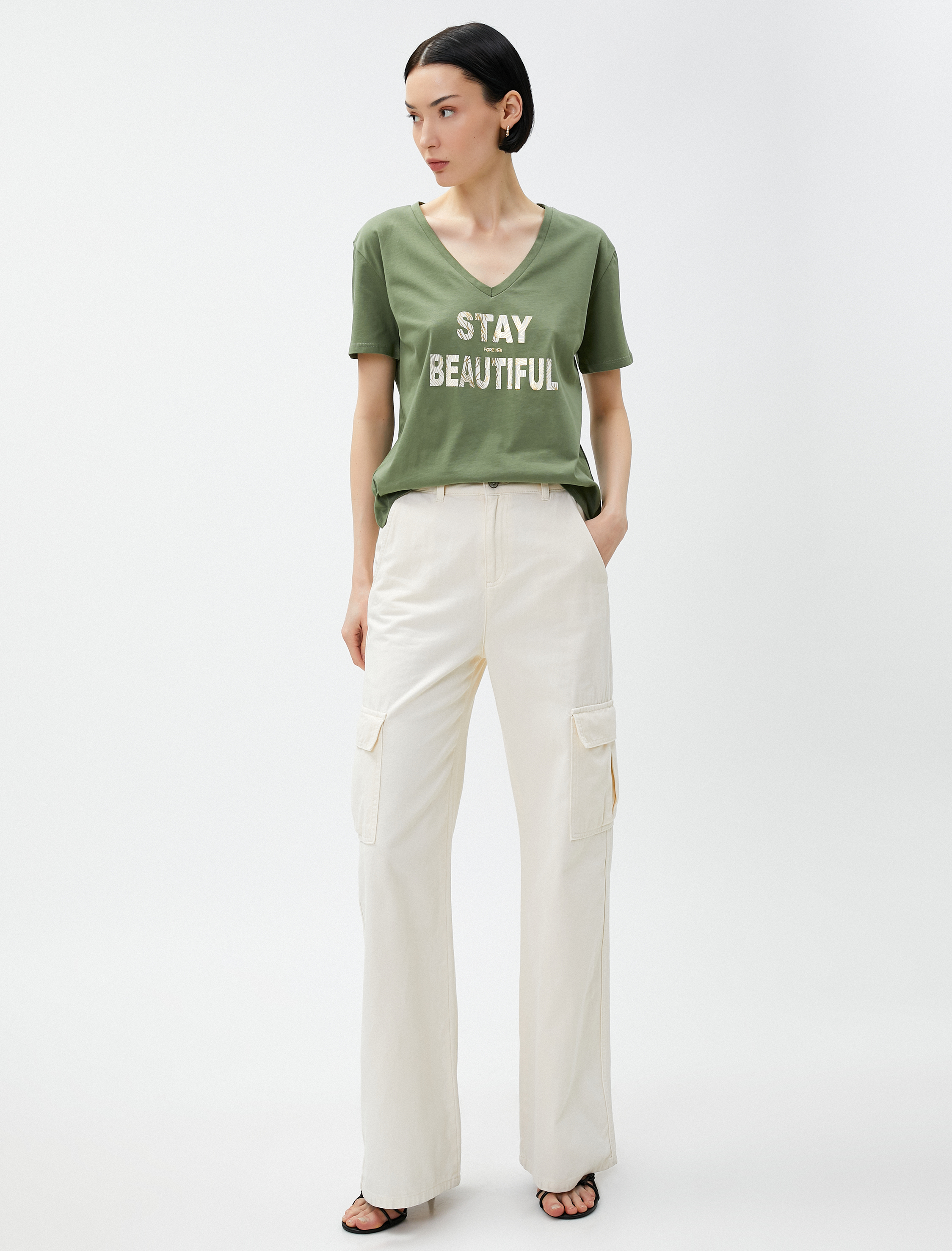   Yazı Baskılı Tişört V Yaka Pamuklu