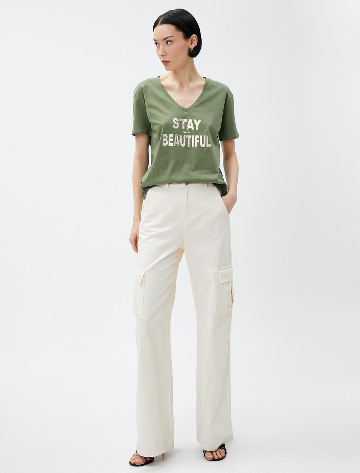  Yazı Baskılı Tişört V Yaka Pamuklu