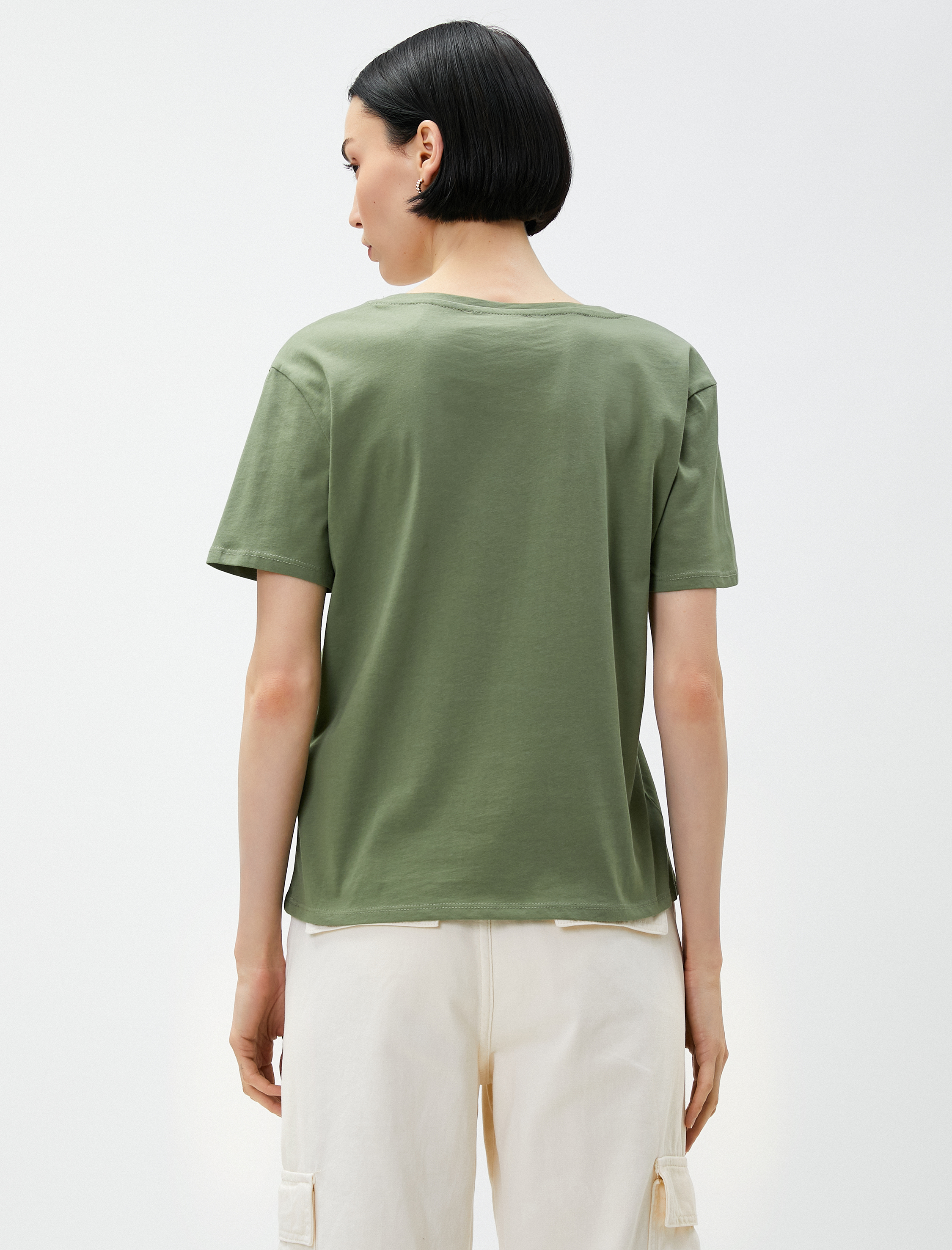   Yazı Baskılı Tişört V Yaka Pamuklu