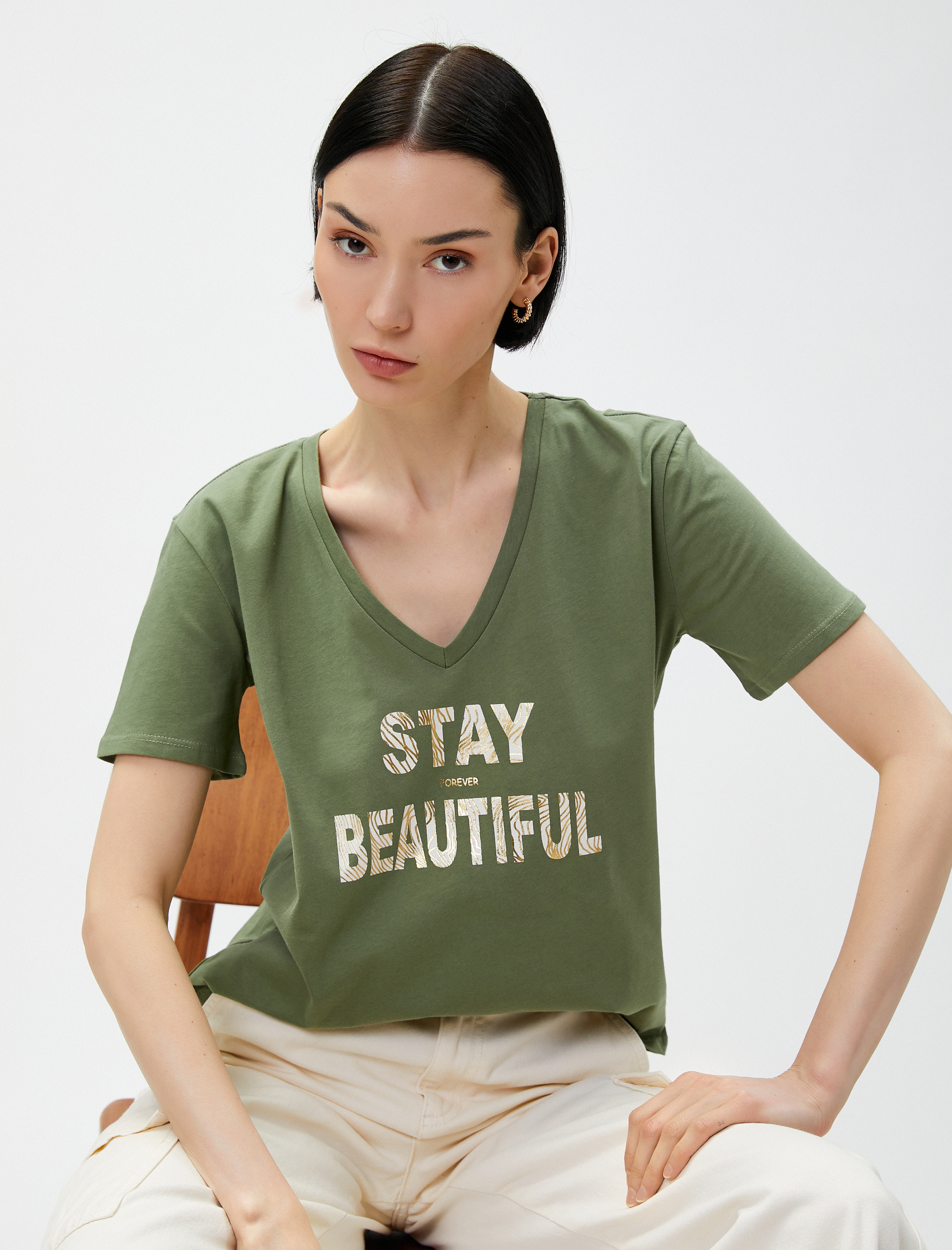   Yazı Baskılı Tişört V Yaka Pamuklu