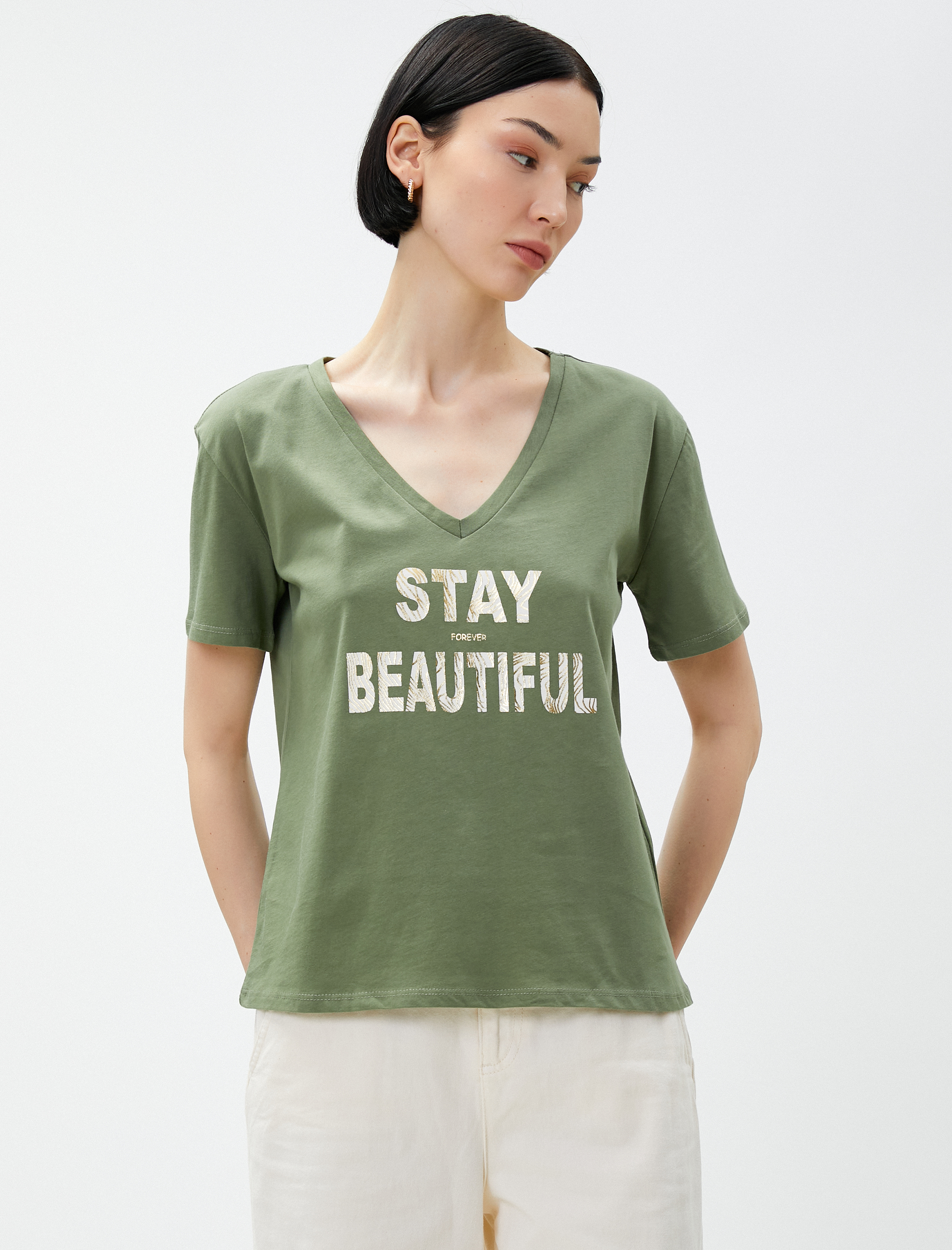   Yazı Baskılı Tişört V Yaka Pamuklu