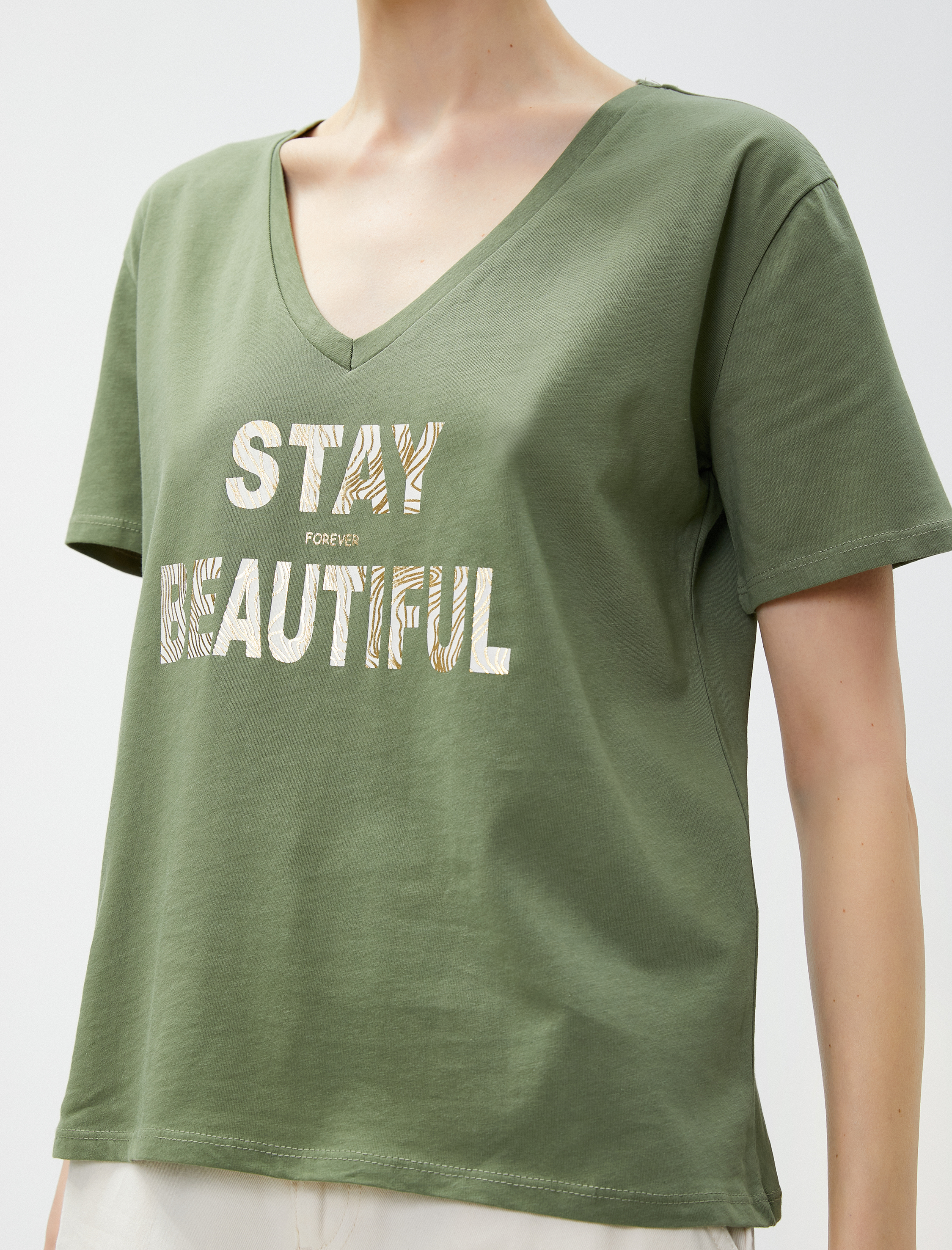   Yazı Baskılı Tişört V Yaka Pamuklu